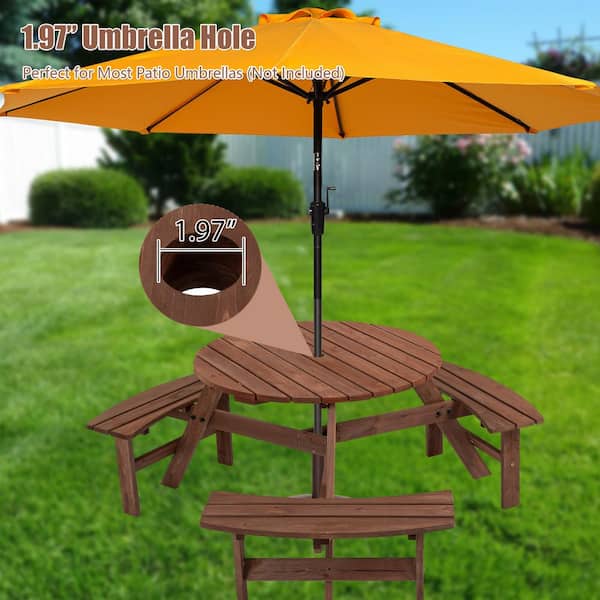 35.43 in. Wood Round Outdoor Picnic Table for Patio, Backyard, Garden 6-Person with Umbrella Hole