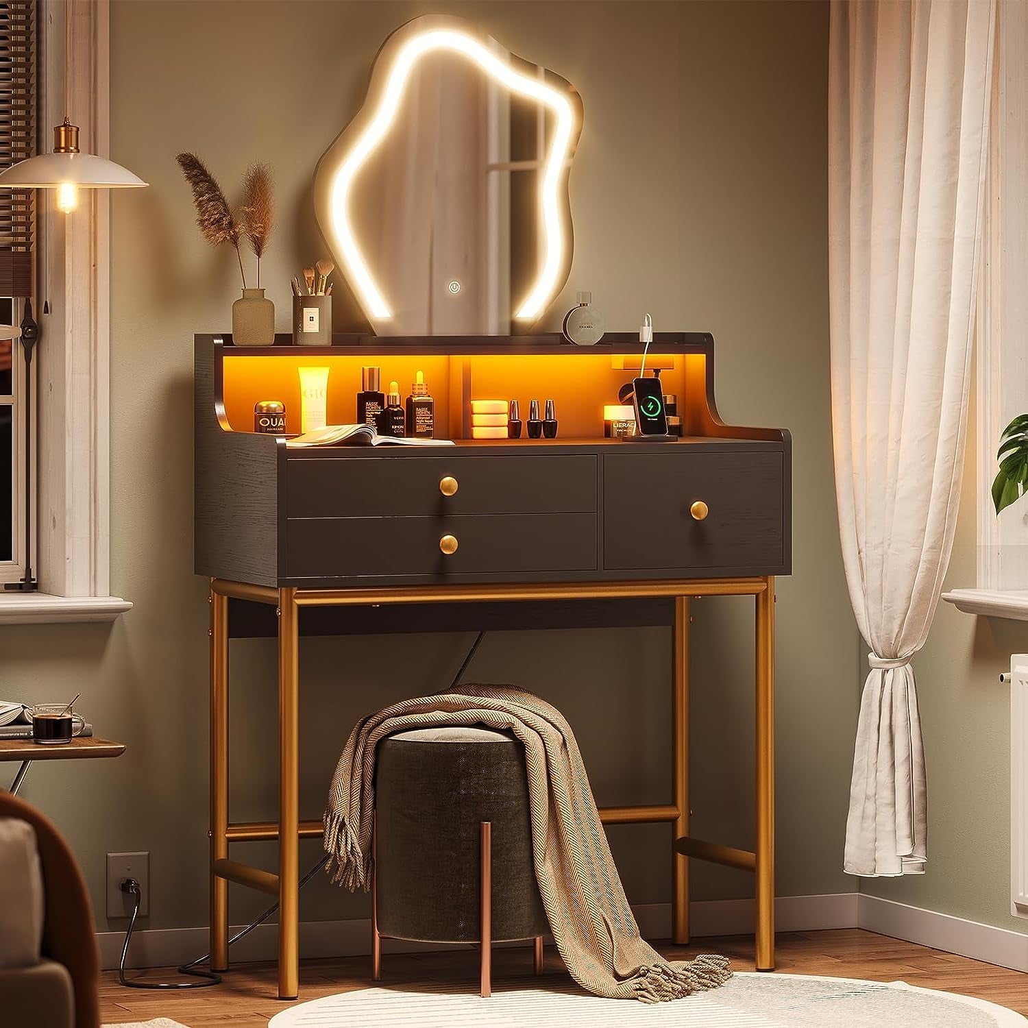 Tiptiper Makeup Vanity with Lights and Charging Station, Vanity Desk with 3-Color Touch Screen Lighted Mirror, White