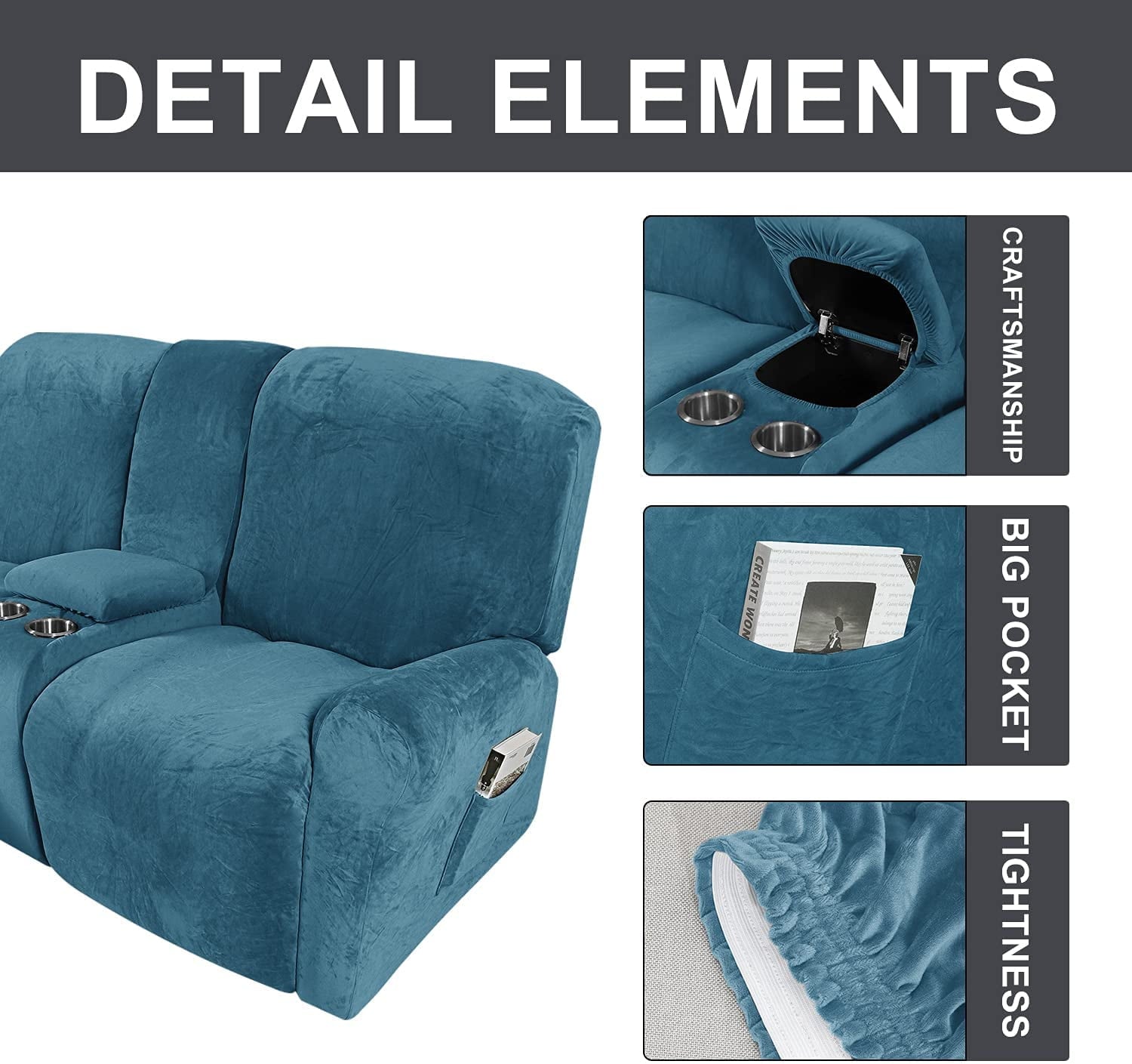 TOPCHANCES Reclining Love Seat with Middle Console Slipcover, 8 Pieces Velvet  Stretch Sectional Recliner Sofa Slipcover with Cup Holders, 2 Seat Love Seat Recliner Cover, Thick, Soft, Washable