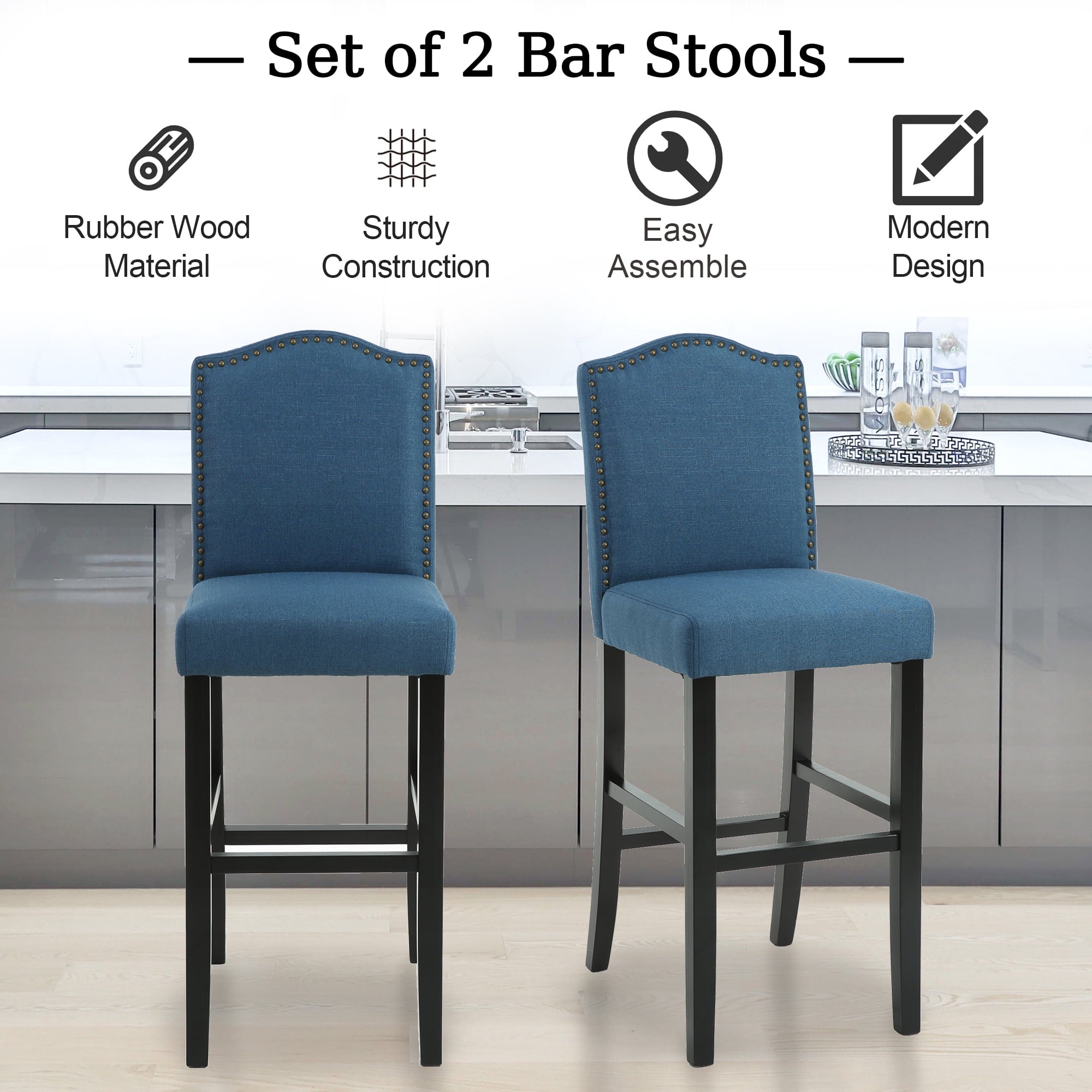 Full Back Fabric Upholstered Blue Bar Stool with Nailhead Trim, Set of 2