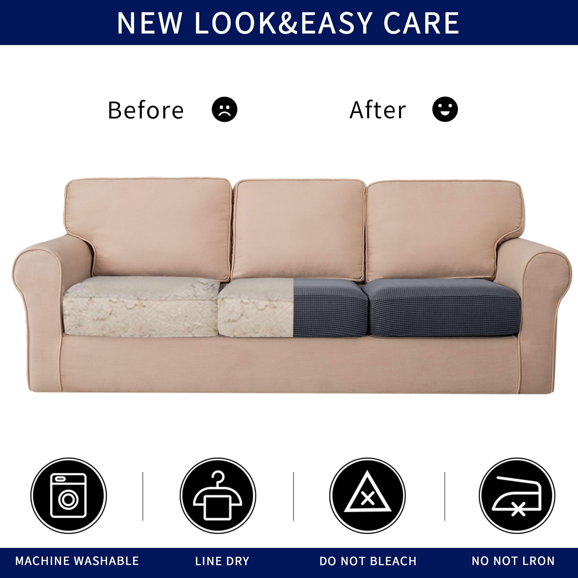 Subrtex Texture Grid Slipcover Stretch Box Seat Cushion Cover (3 Pcs, Gray)