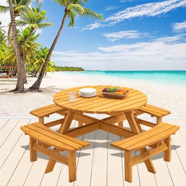 8-Person Round Natural Wood Frame 27.55 in. H Outdoor Dining Picnic Table with Seat