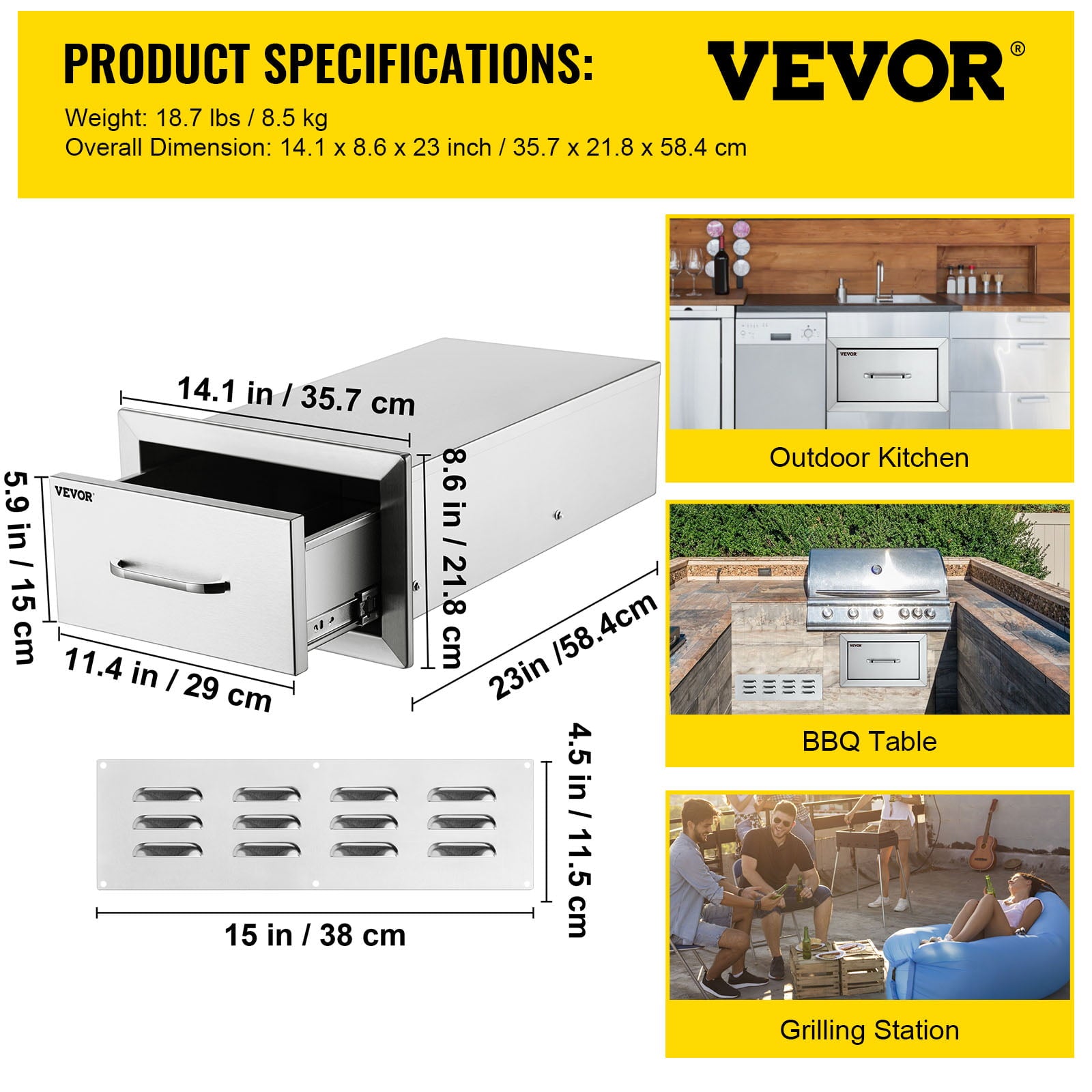 14x8.5 inch Outdoor Kitchen Drawers Stainless Steel, Flush Mount Double Drawers,14Wx8.5Hx23D inch, with Stainless Steel Handle, BBQ Drawers for Outdoor or BBQ Island