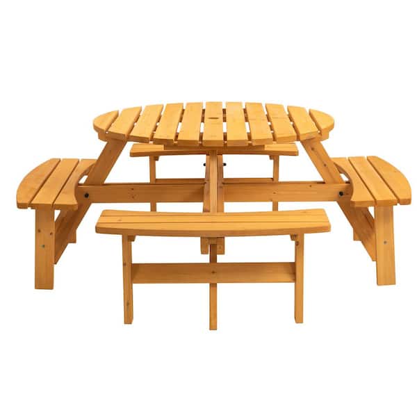 43.3 in. Brown Round Circular Solid Wood Picnic Table Seats 8-People with Umbrella Hole