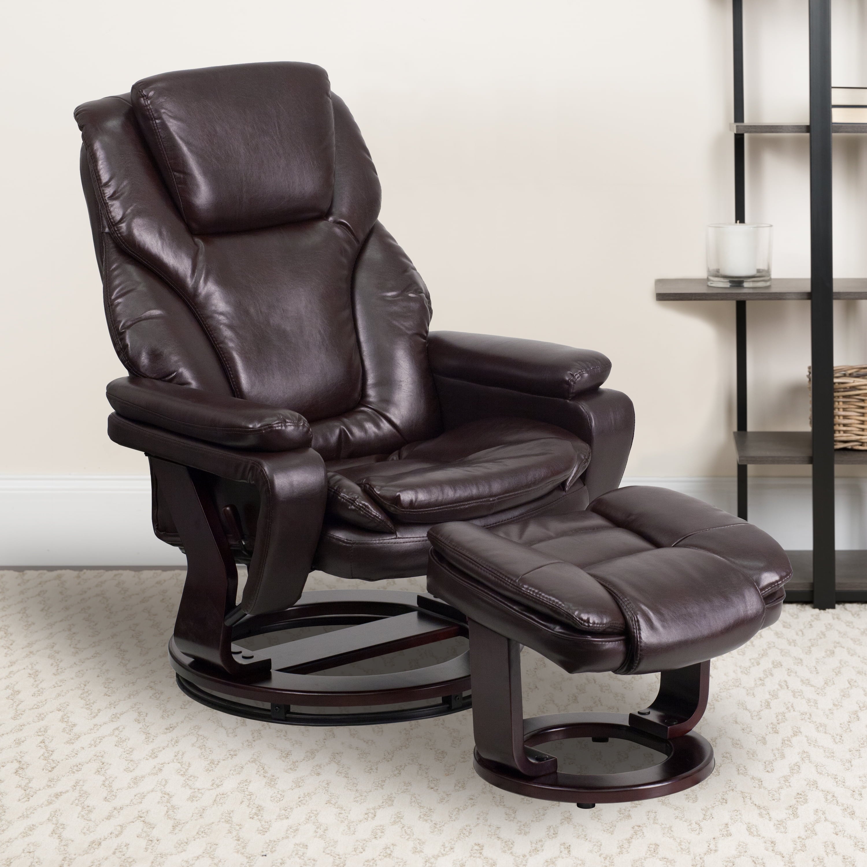 Emma + Oliver Multi-Position Recliner & Ottoman with Swivel Wood Base in Brown Microfiber