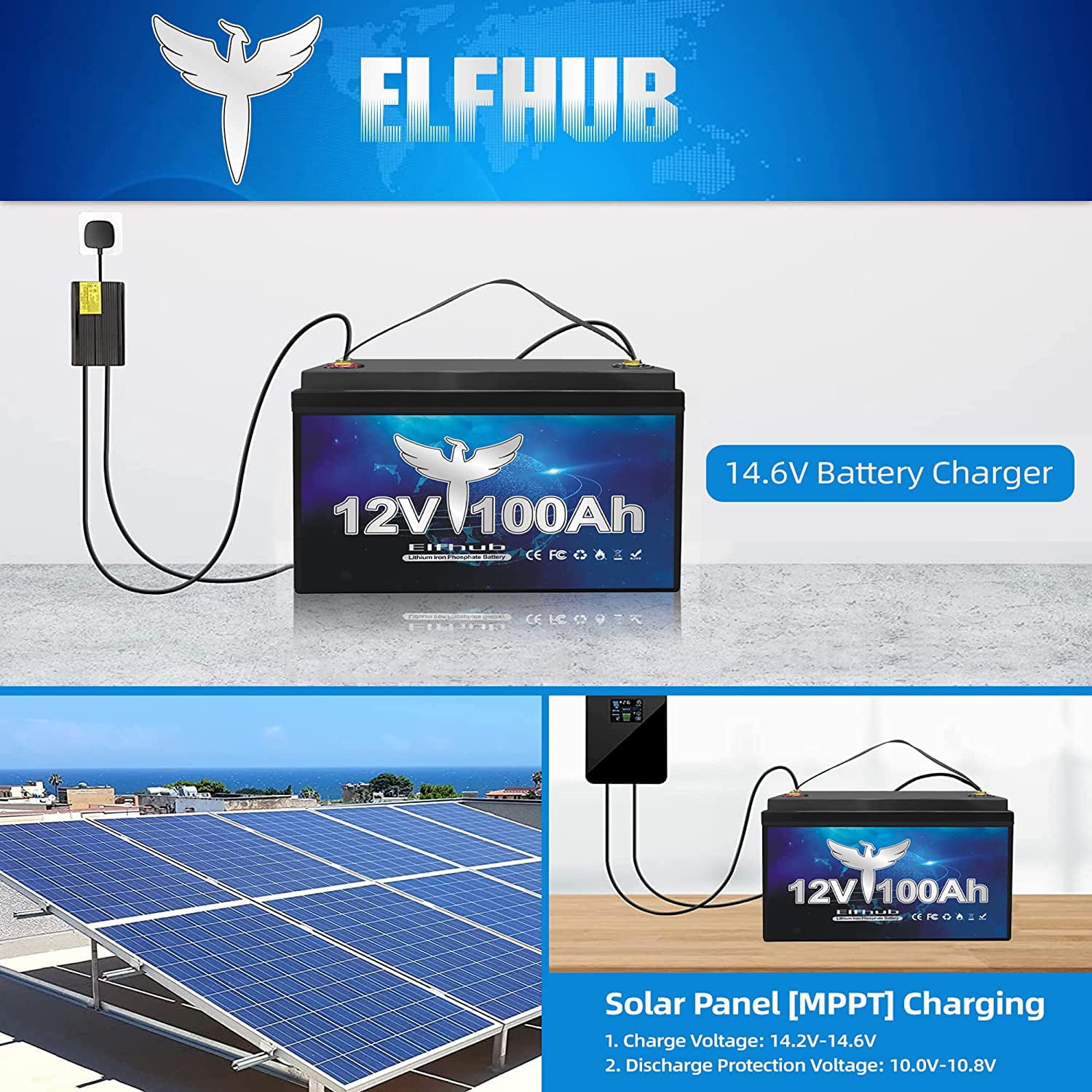 Elfhub 12V 100Ah Lithium Battery, 1280Wh LiFePO4 Battery with 100A BMS, Over 5000+ Rechargeable Cycles. Perfect for RV/Camper, Solar, Off-Grid, Boat, Marine, Trolling Motor, Road-Trip.Support 4S/8P