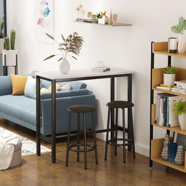 Modern 3-Piece Rectangle White Faux Marble Top Bar Table Set with Steel Frame and 2 Upholstered Stools