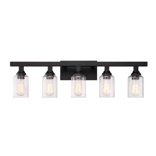 Chicago 35.75 in. 5-Light Flat Black Finish Vanity Light with Seeded Glass
