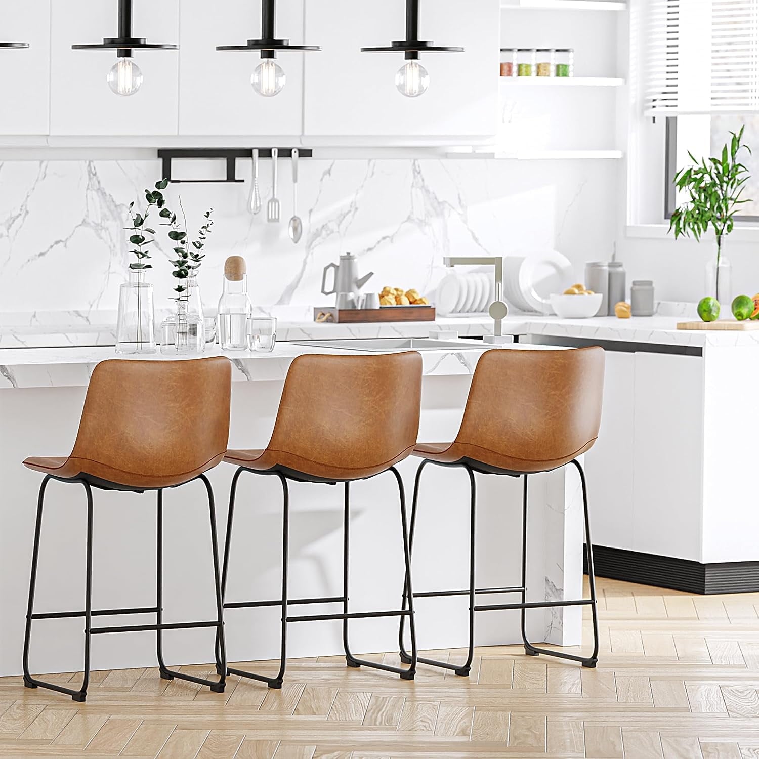 YaFiti Barstools 26'' PU Leather Counter Height Bar Stools Set of 4 with Back Modern Armless Chairs with Footrest and Metal Legs for Kitchen Living Room Pub, Brown