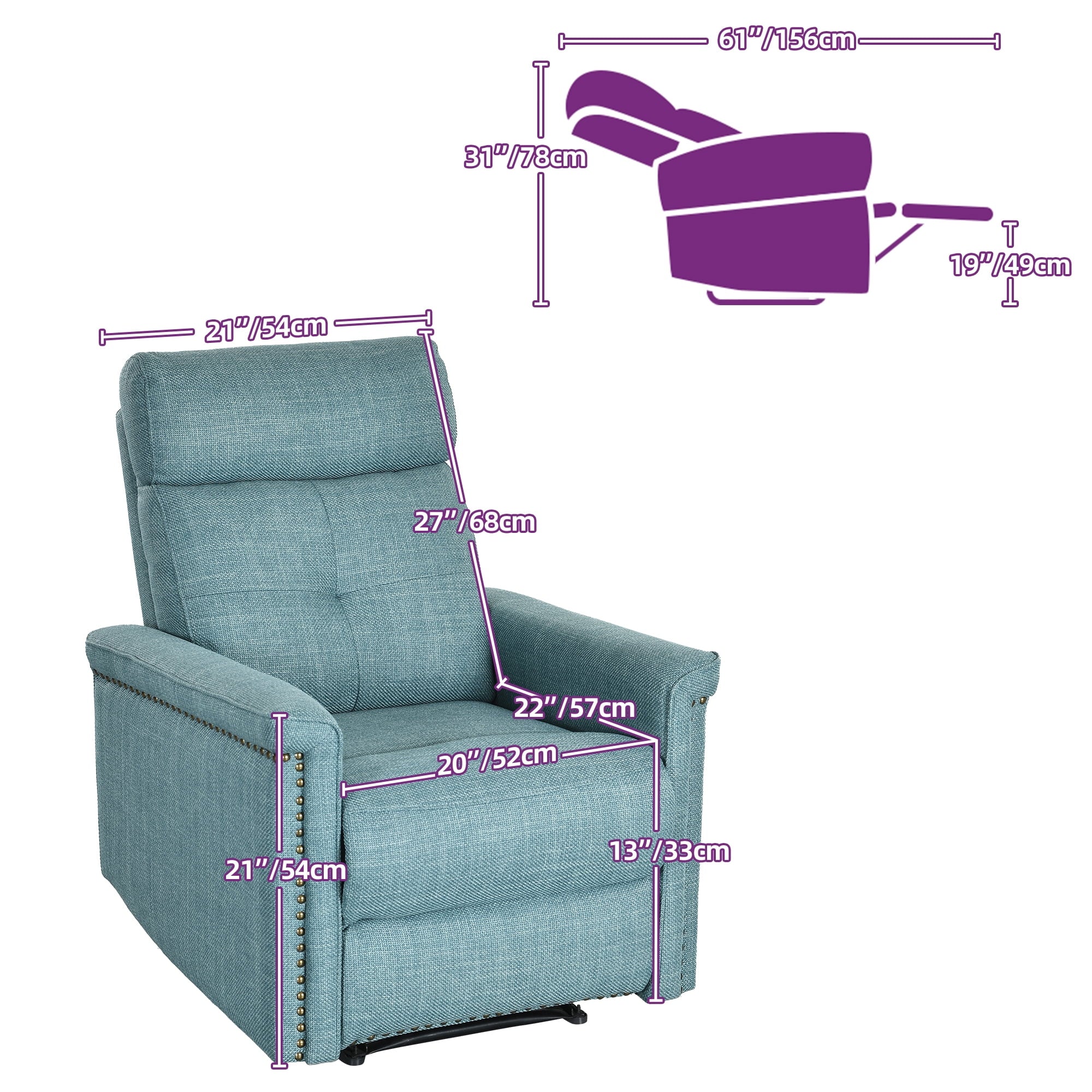 Dextrus Upholstered Recliner Chair Single Sofa Adjustable Home Theater Seating w Studded, Blue A