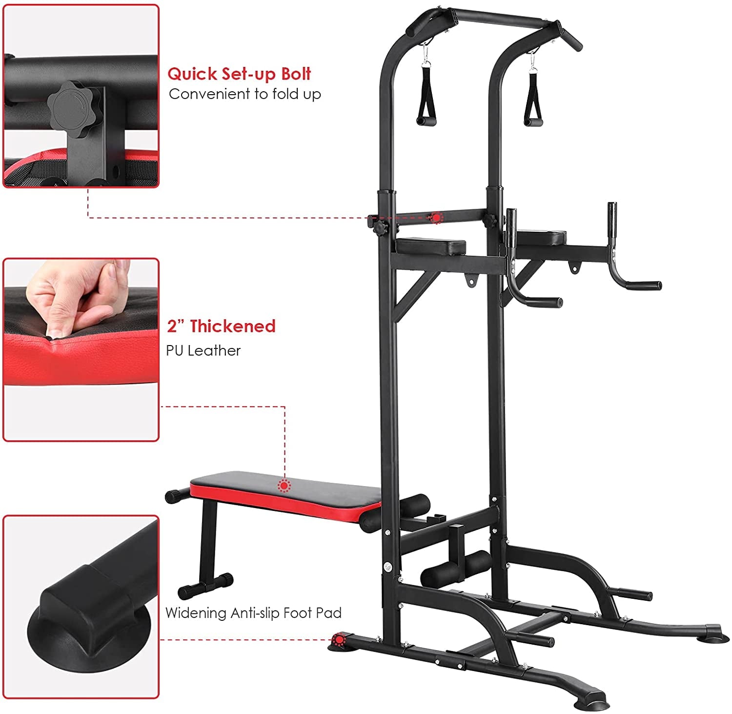 Pirecart Adjustable Power Tower Dip Station Pull Up Bar Strength Training with Bench