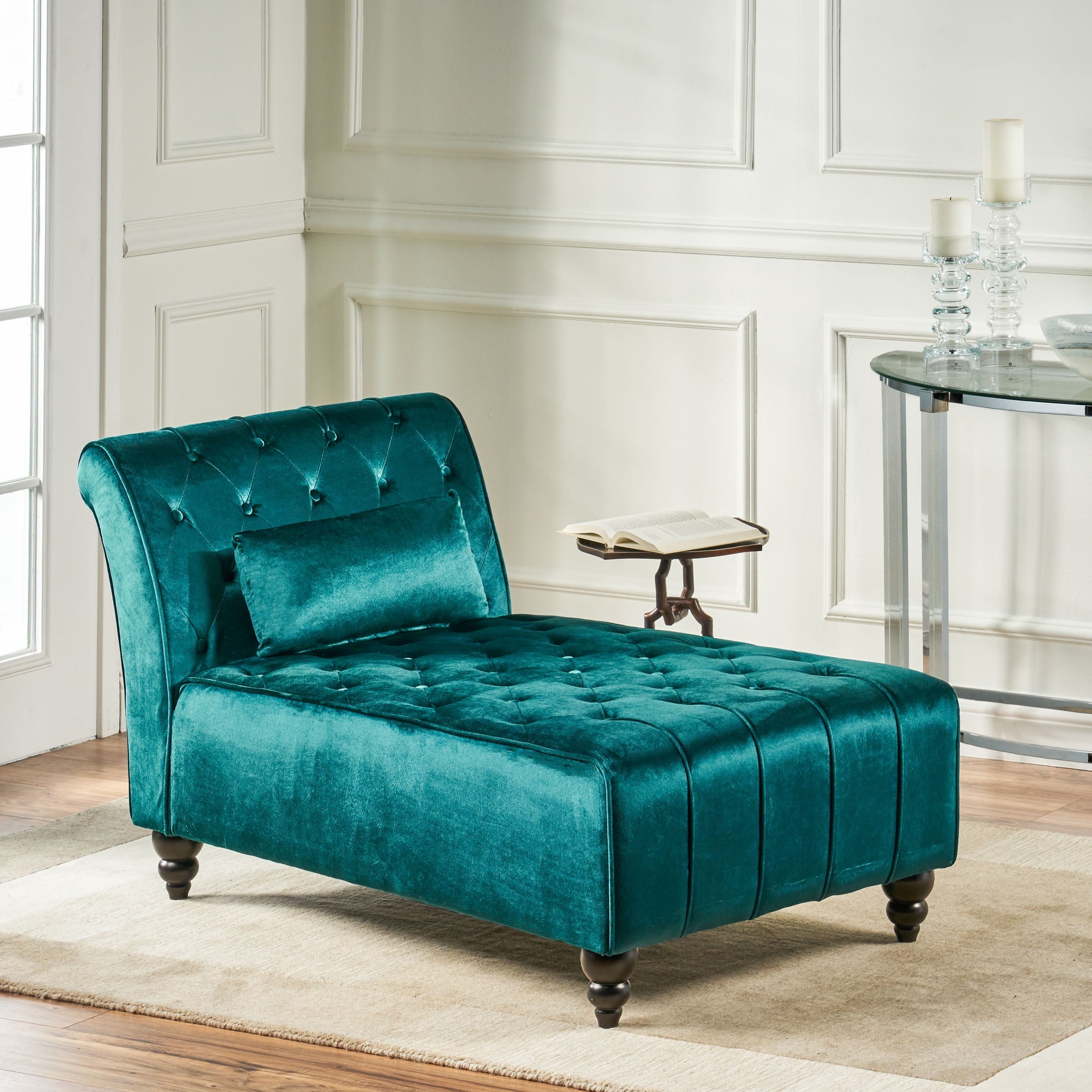 GDF Studio Rafaela Indoor Tufted Chaise Lounge, Dark Teal and Dark Brown