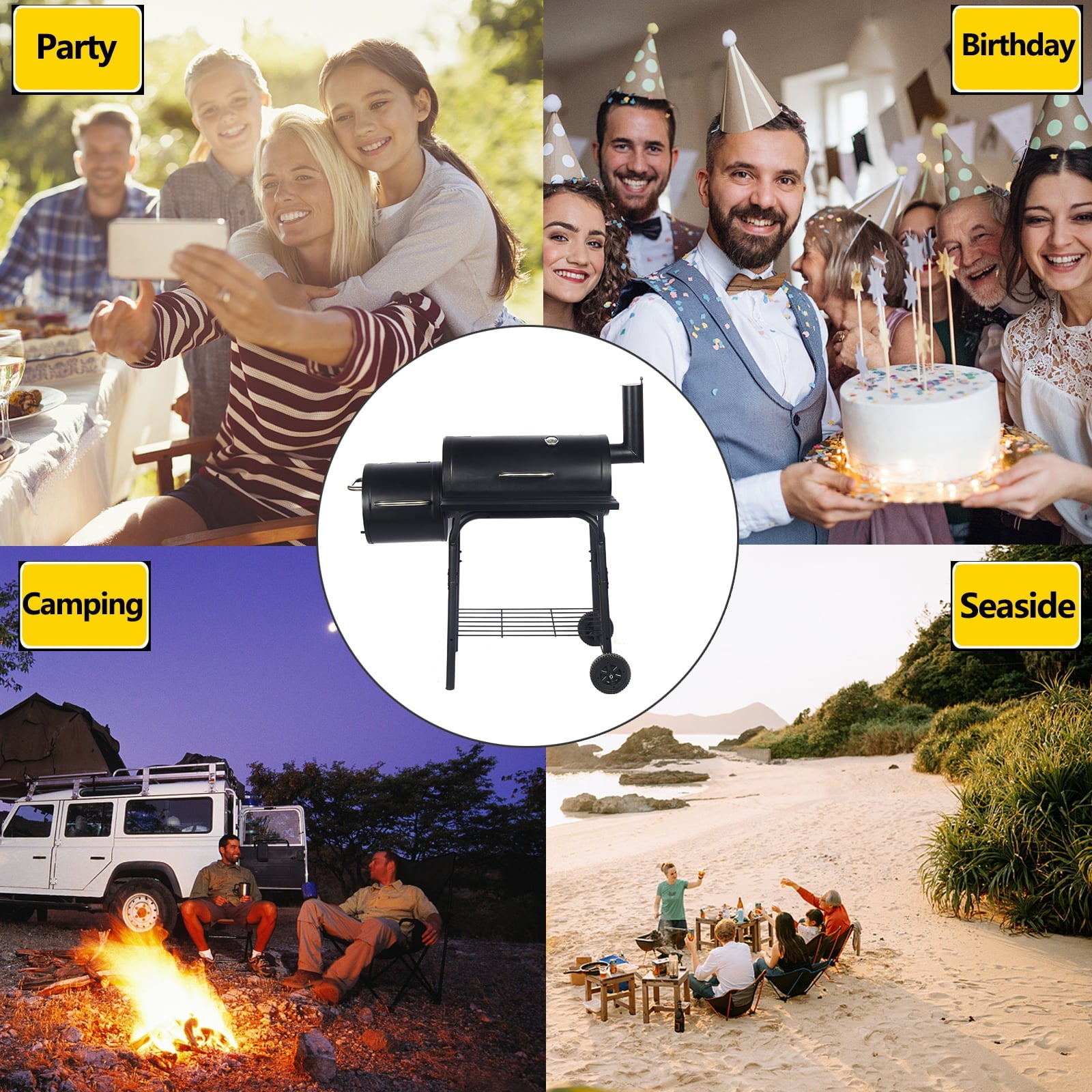 Outdoor Portable BBQ Charcoal Grill with Offset Smoker, Black