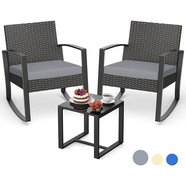 Lofka 3-Piece Patio Wicker Chairs Set with a Coffee Table, Balcony Furniture for Yard, Patio, Garden and Bistro, Gray Cushion