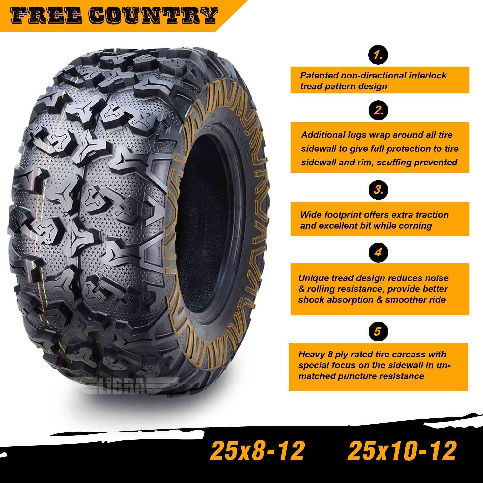 FREE COUNTRY 8PR Premium ATV Tires 25x8x12 & 25x10x12 fit 05-13 Yamaha RHINO 450 660 700