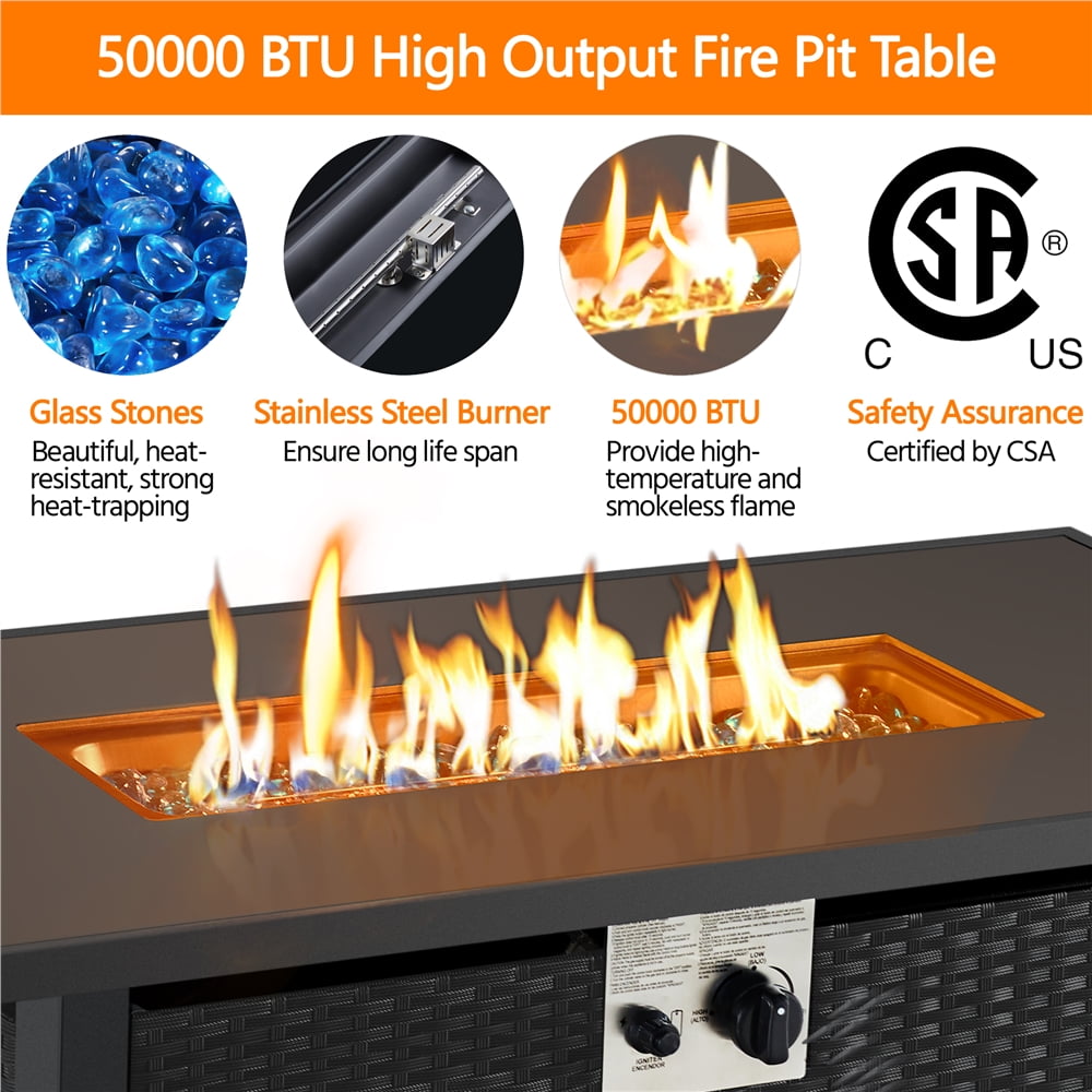 Topeakmart 43'' Propane Fire Pit Table with Tempered Glass Tabletop 50,000 BTU, Black