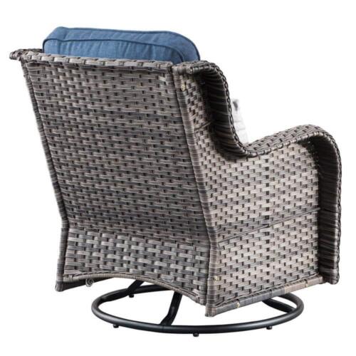 OVIOS Patio Conversation Seating Set w/ Swivel Rocking Chair+Denim Cushion Blue