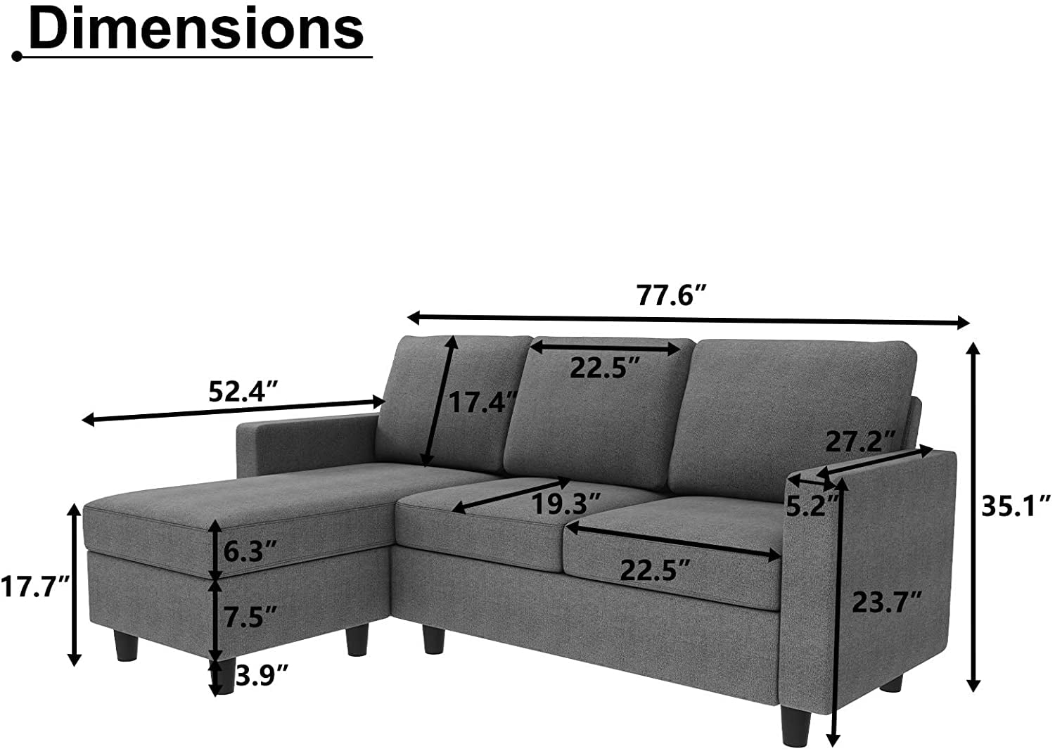 HONBAY Dryades L-Shaped Sectional Sofa, Gray Fabric
