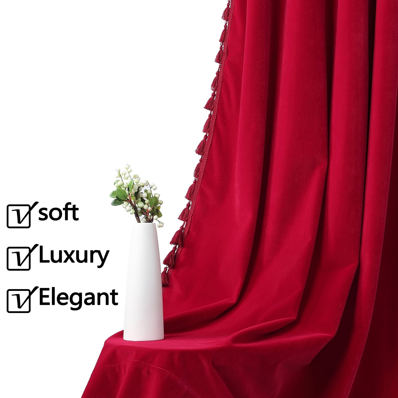 Soft Luxury Velvet Curtains with Tassels, 2 Panel Rod Pocket Blackout Curtain Drapes