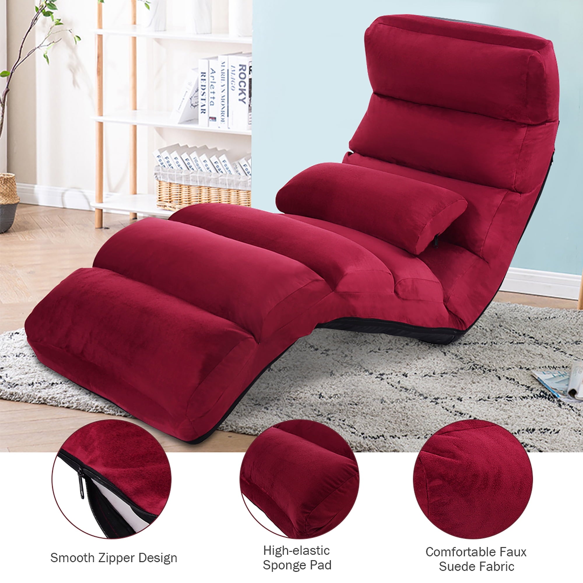 Costway Folding Lazy Sofa Chair Stylish Sofa Couch Bed Lounge Chair W/Pillow Burgundy