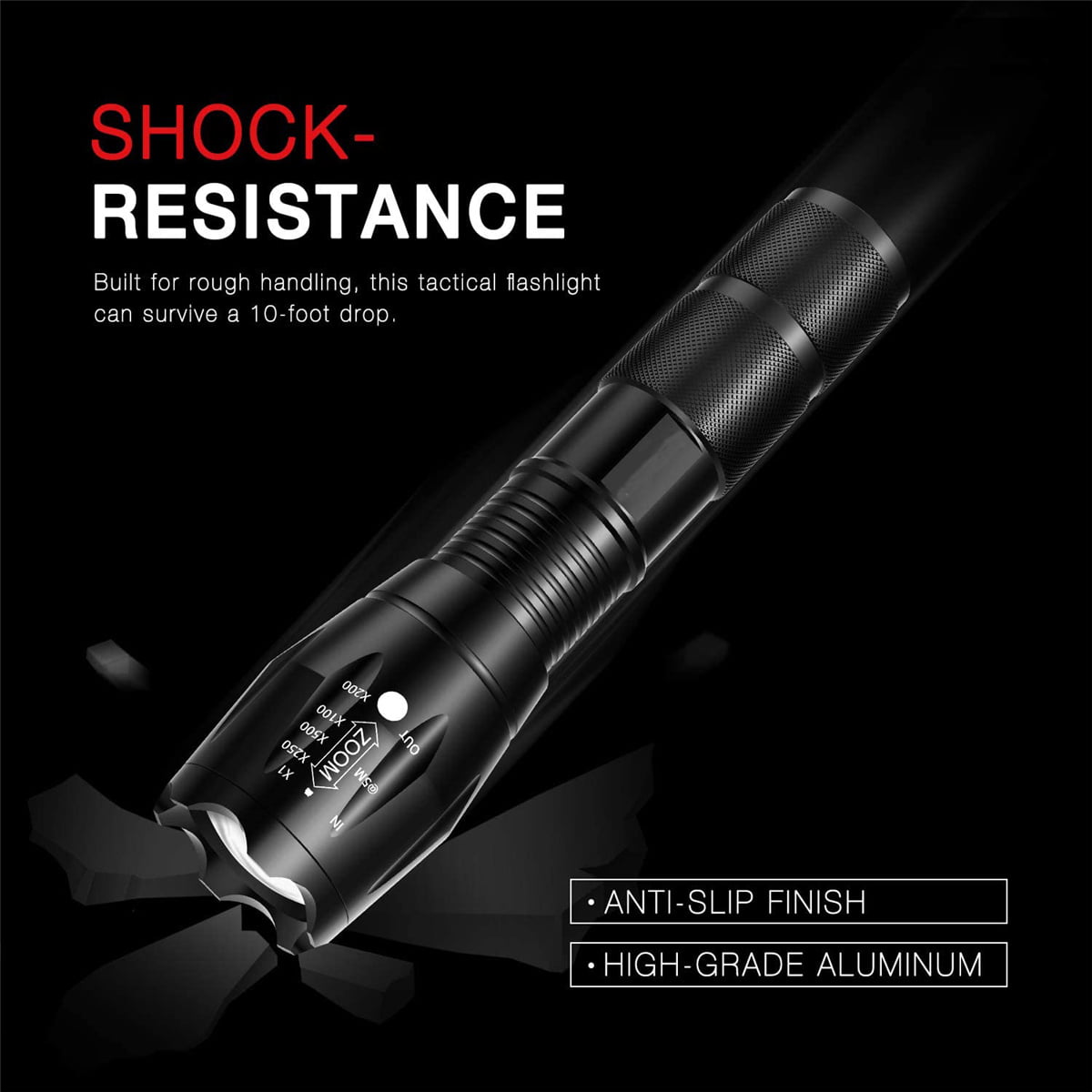 LED Tactical Flashlight, Super Bright High Lumen XML T6 LED Flashlights Portable Outdoor Water Resistant Torch Light Zoomable Flashlight with 5 Light Modes