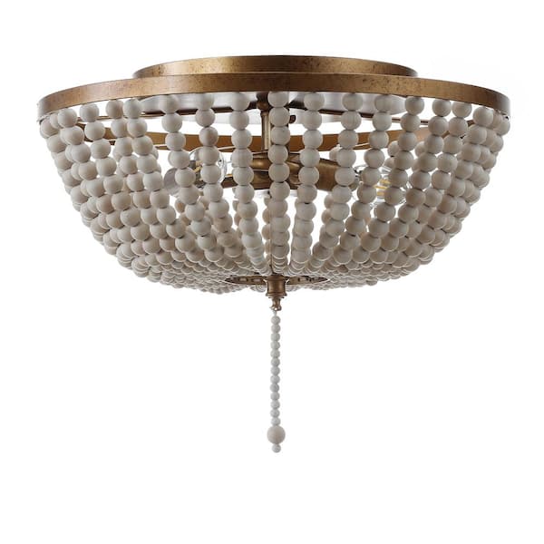 Allison 15 in. Wood Beaded/Metal LED Flush Mount, Antique Gold / Cream