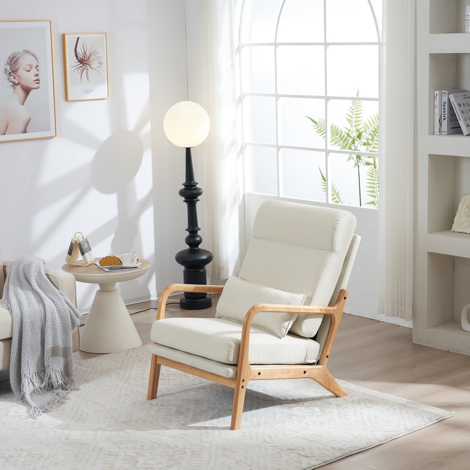 Ktaxon Mid Century Rocking Nursery Chair Solid Wood Frame Accent Chair, Line fabric Upholstered Glider Rocker Modern Padded Armchair with Lumbar Pillow Beige