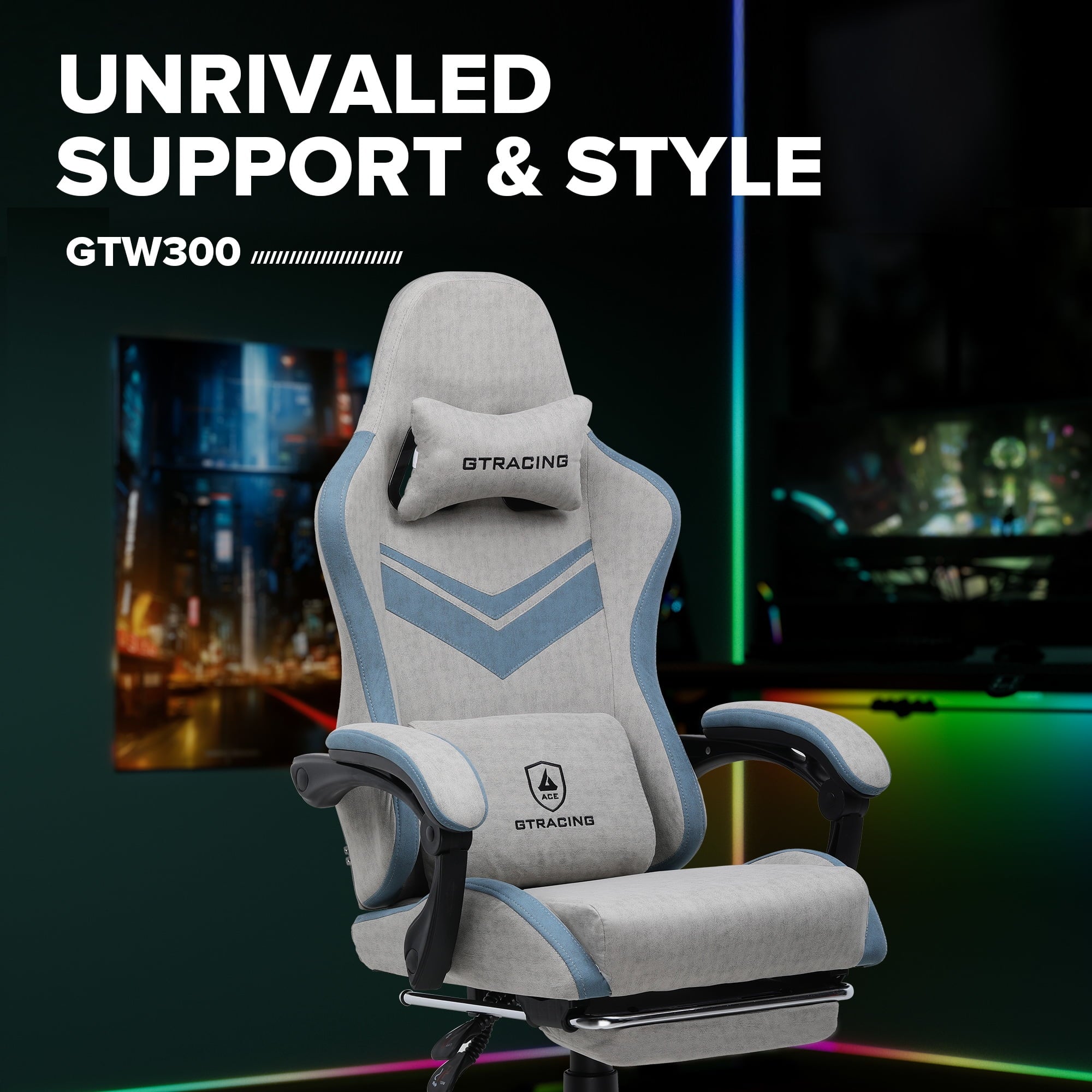 GTRACING Ergonimic Fabric Reclining Gaming Chair with Footrest and Linkage Armrests, Gray