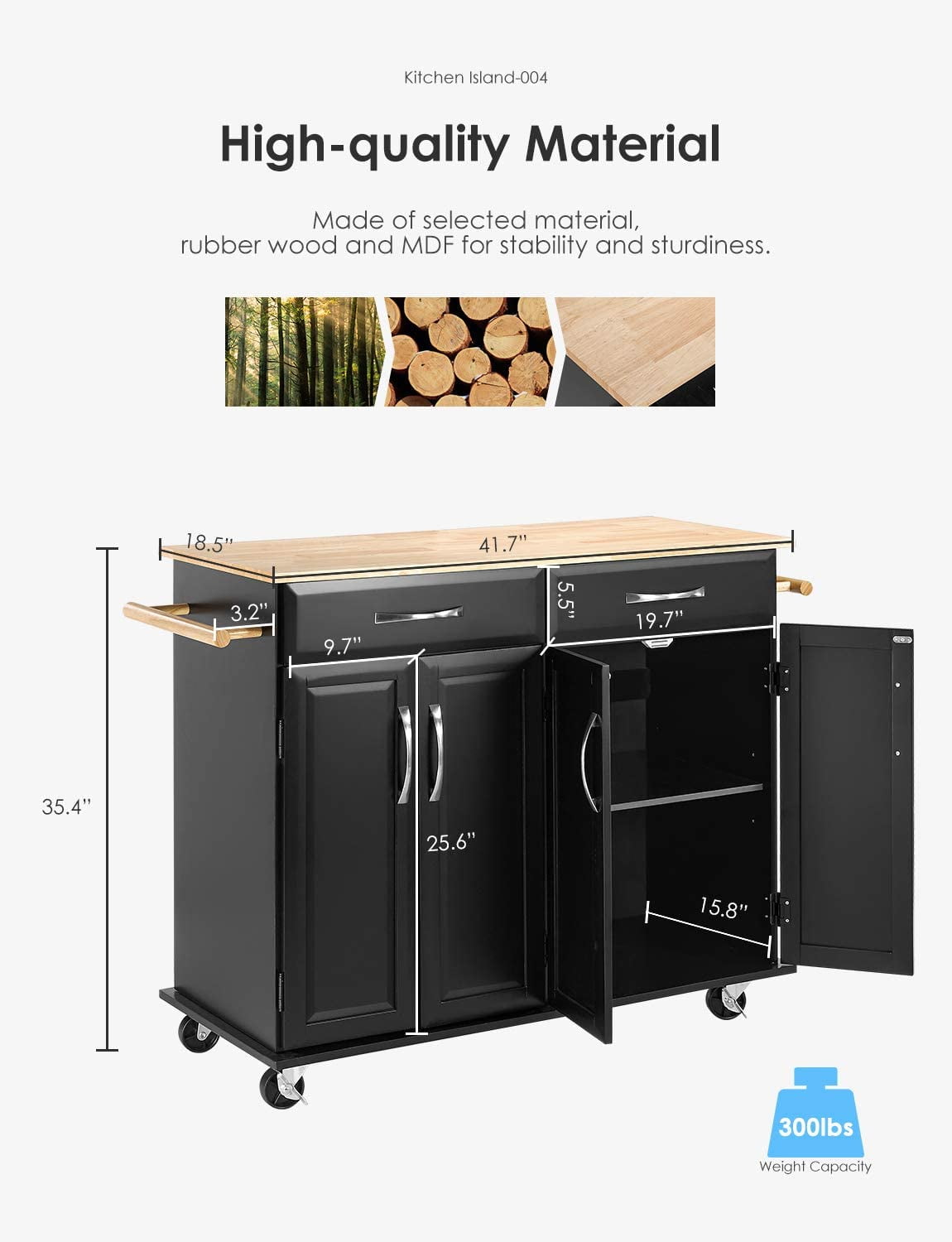 Homfa Kitchen Island on Wheels, Rolling Island Cart with Lockable Casters, Handle Towel Rack and 2 Drawers, Black