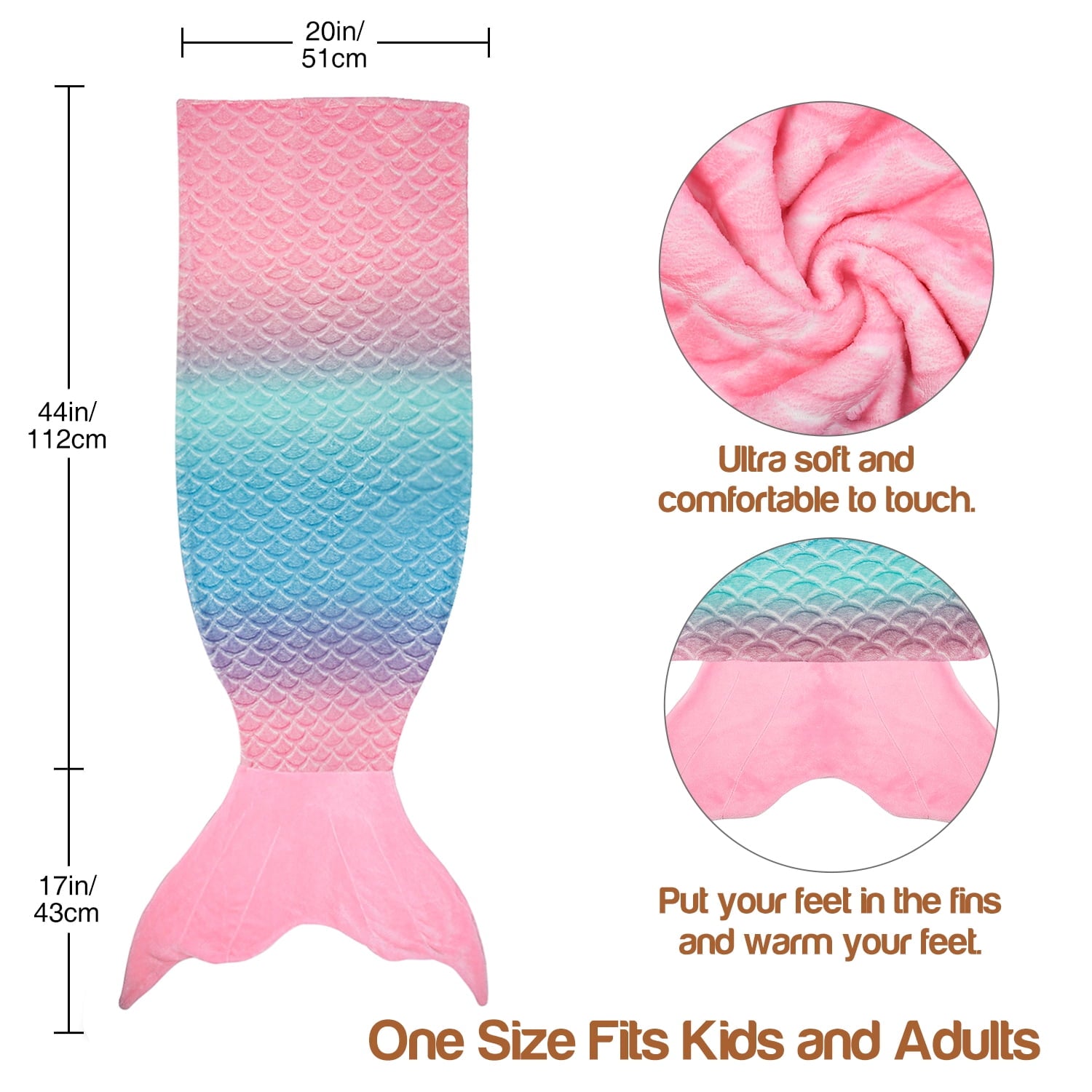 Flyingstar Mermaid Tail Blanket, Soft Flannel Fleece All Seasons Sleeping Blanket for Kids Adults, Rainbow Ombre Fish Scale Design Snuggle Blanket, Best Gifts