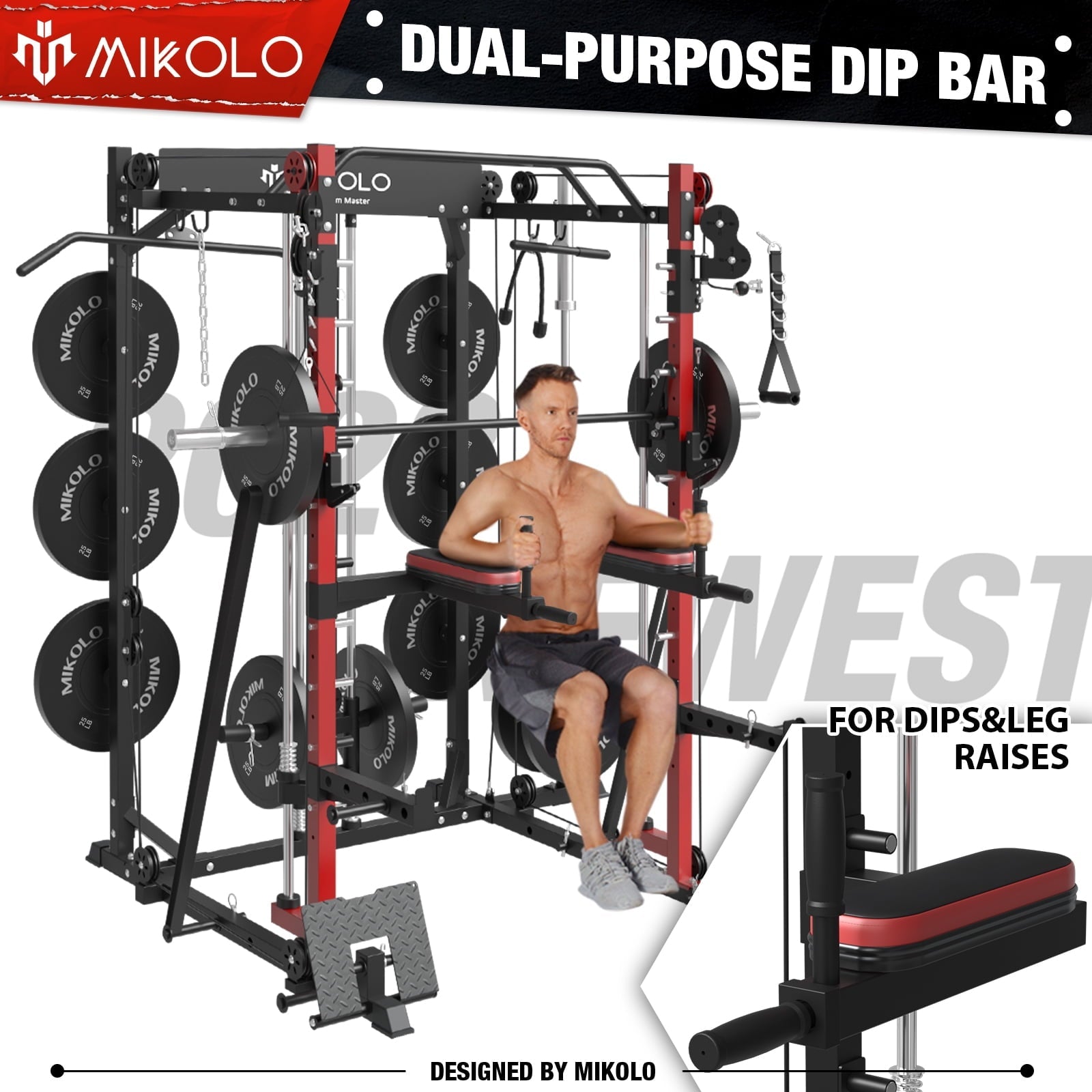 Mikolo Smith Machine Home Gym, 2000lbs Squat Rack with LAT-Pull Down System & Cable Crossover Machine, Training Equipment