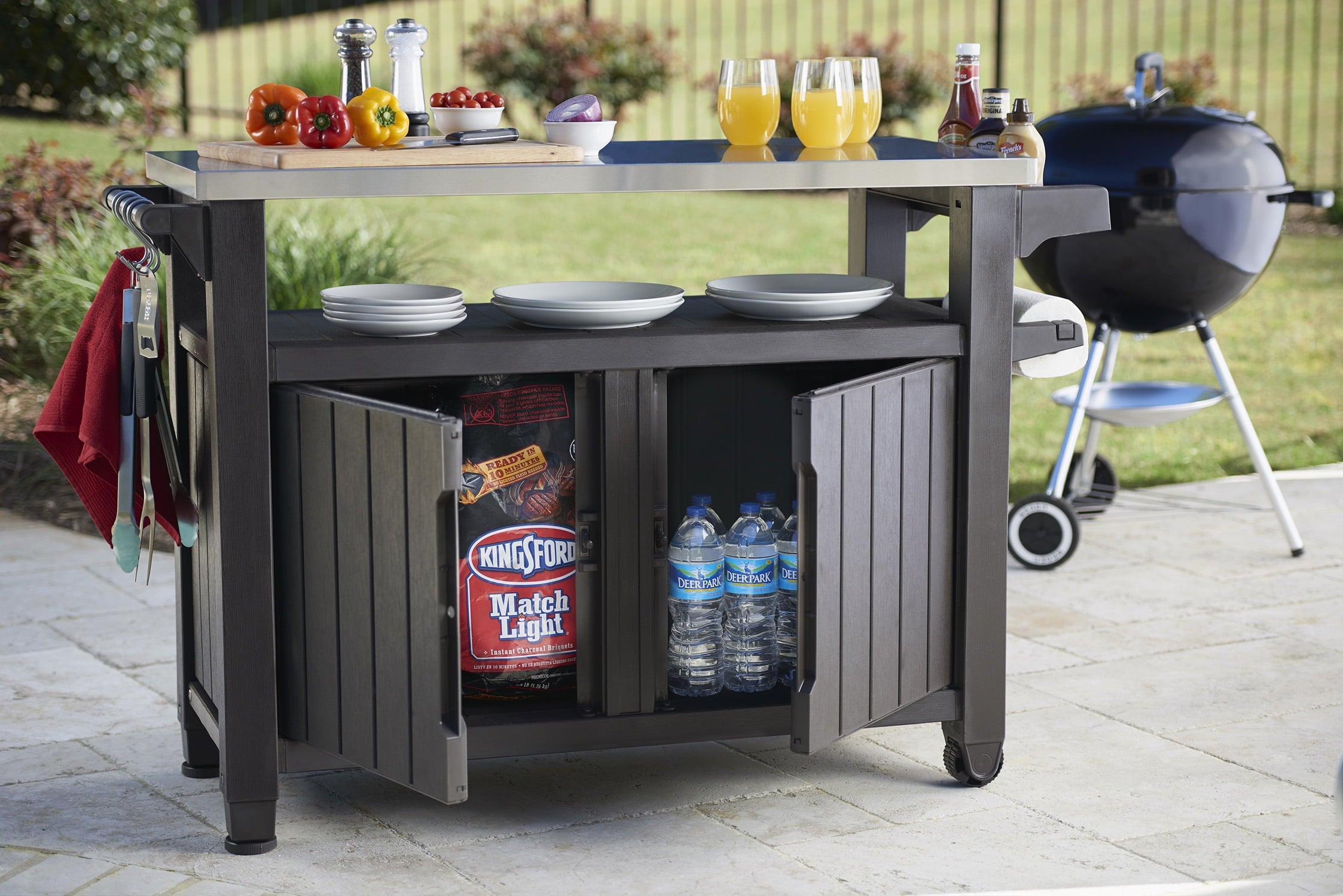 Unity XL Portable Outdoor Table and Storage Cabinet with Accessory Hooks, Espresso Brown