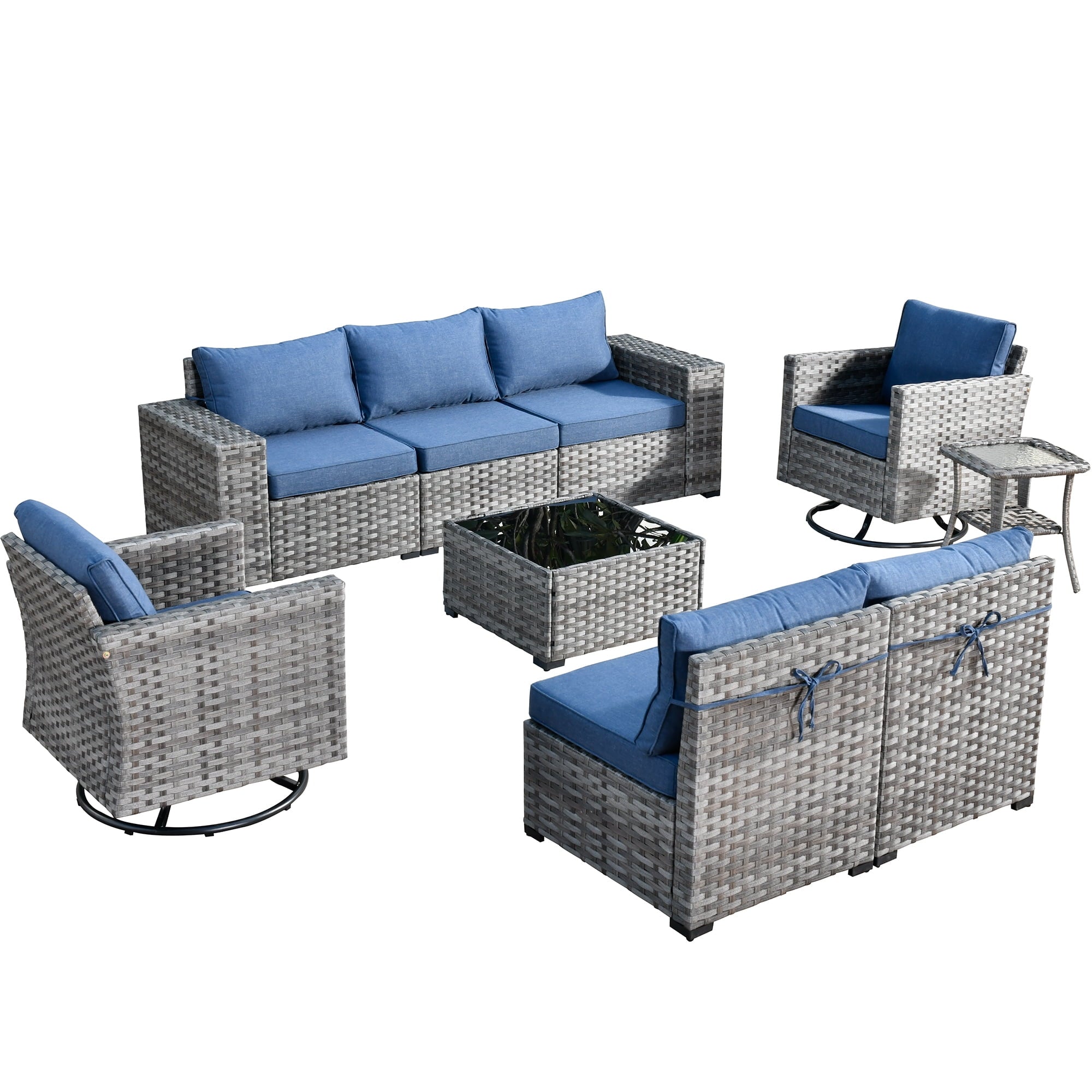 Ovios 9 Pieces Outdoor Patio Furniture with Swivel Rocking Chairs All Weather Wicker Patio Sectional Sofa for Balcony