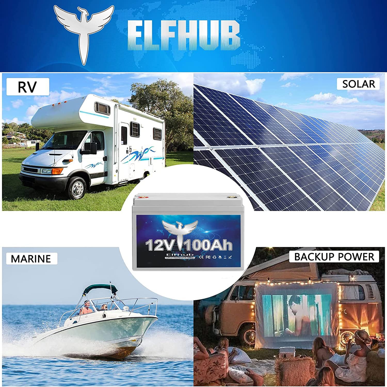Elfhub 12V 100Ah Lithium Battery, 1280Wh LiFePO4 Battery with 100A BMS, Over 5000+ Rechargeable Cycles. Perfect for RV/Camper, Solar, Off-Grid, Boat, Marine, Trolling Motor, Road-Trip.Support 4S/8P