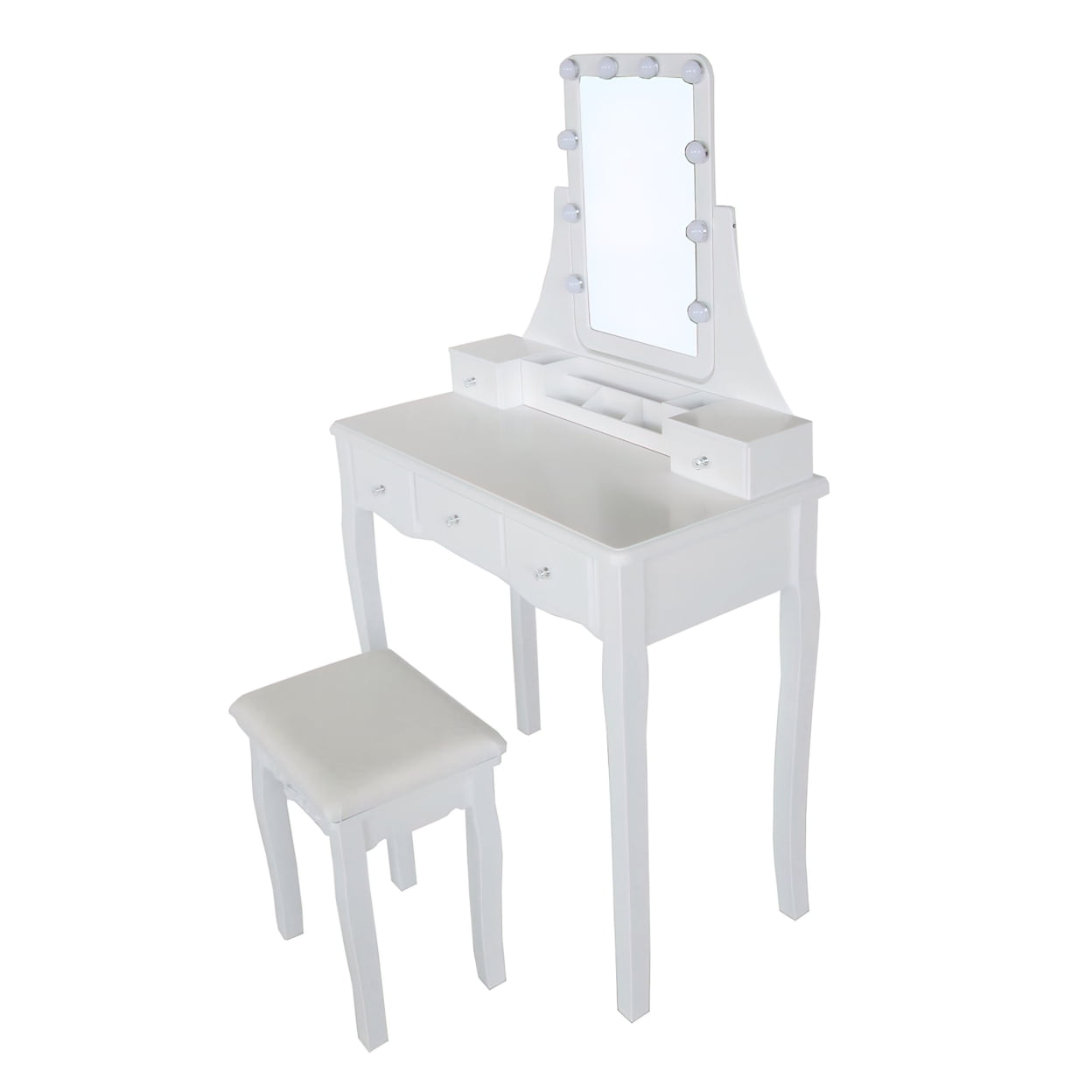 32 Inch 2 Piece Vanity Desk Set with LED Lights, 5 Drawers, Cushioned Stool, White Solid Wood-Saltoro Sherpi