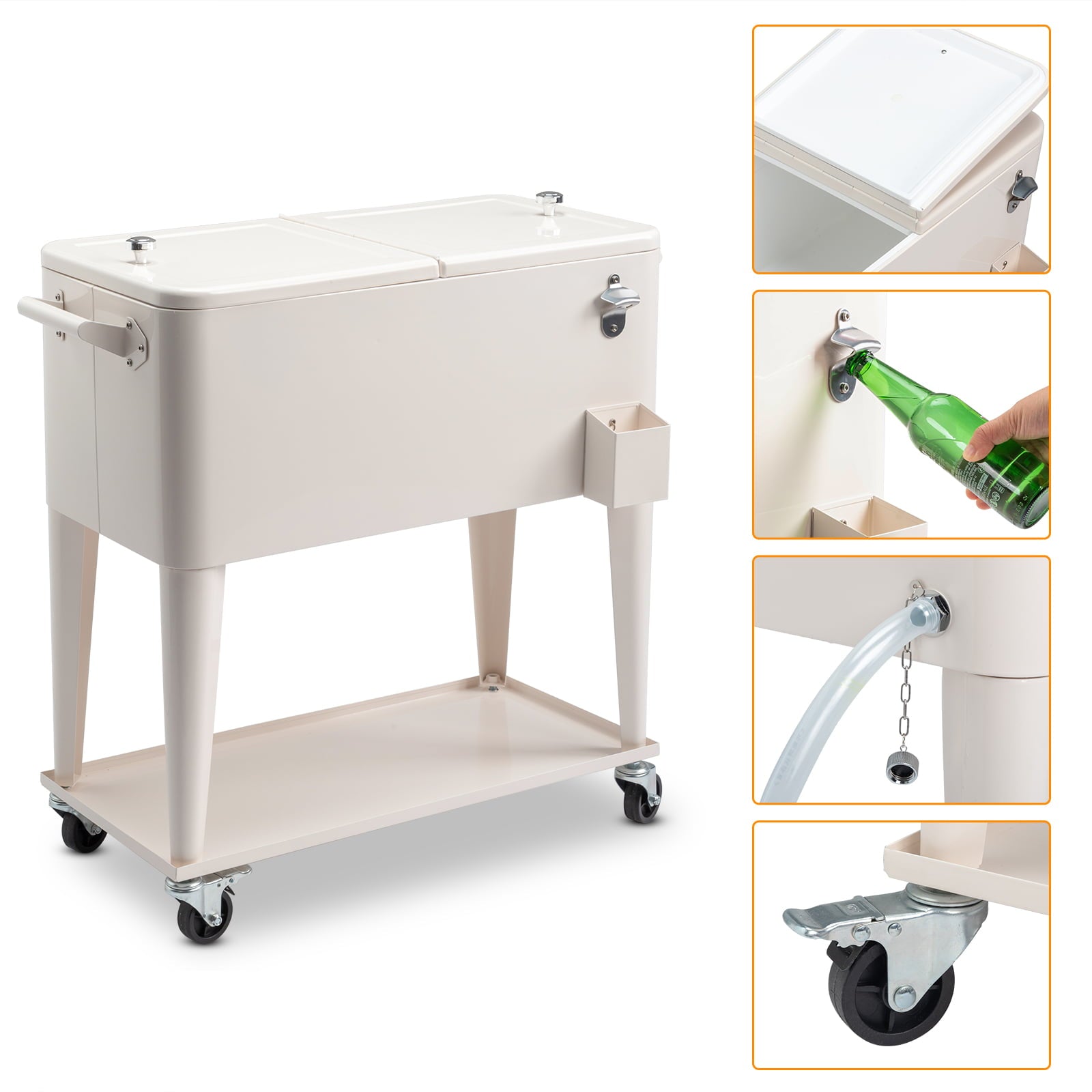Zimtown Cooer Cart 80 Quart Rolling Ice Chest on Wheels Bar Drink Cooler Cart with Shelf White