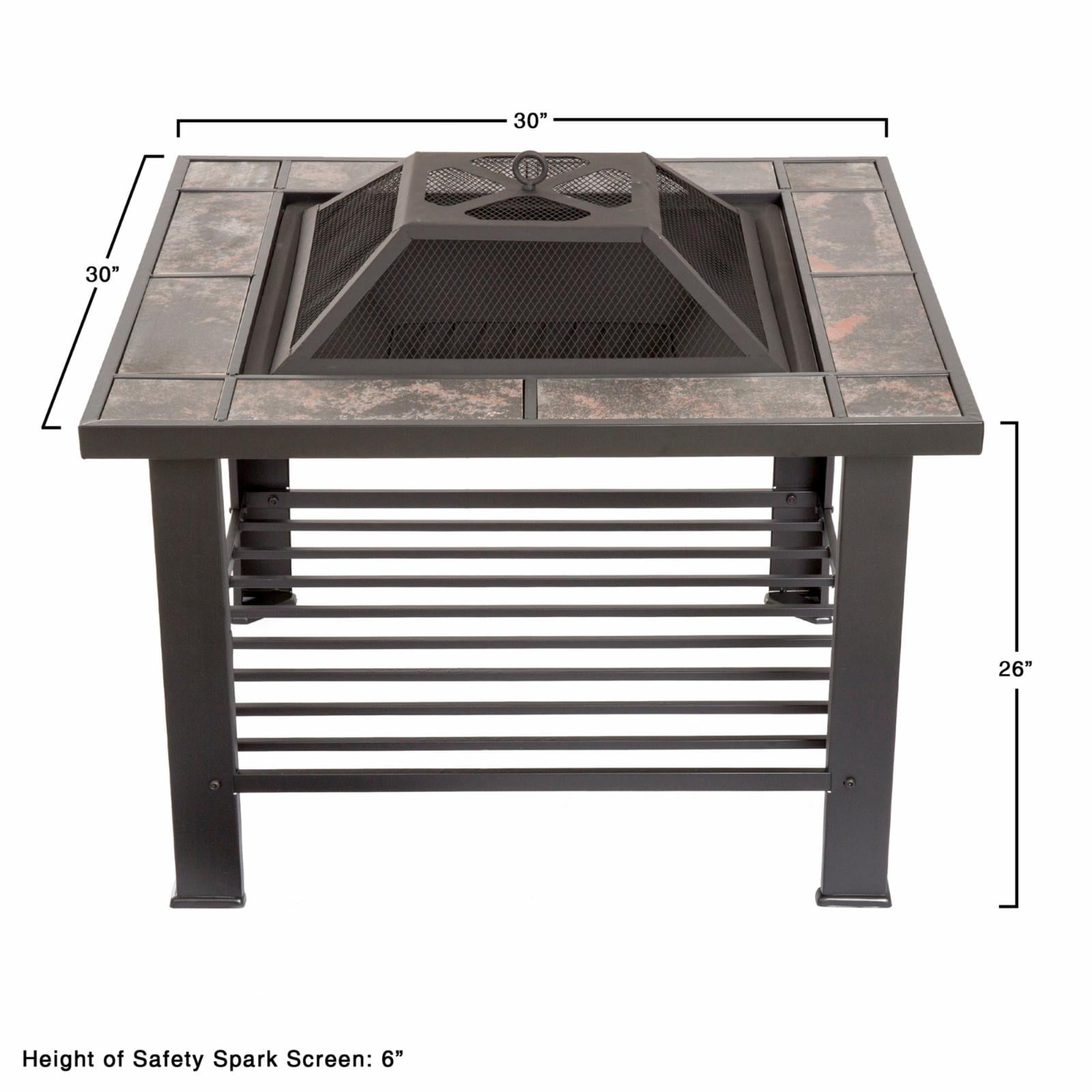 Fire Pit Table – 30-Inch Square Wood Burning Bonfire Pit with Marble Tile Edge, Spark Screen, Tile Fire Bowl Cover, Log Poker by Pure Garden (Black)