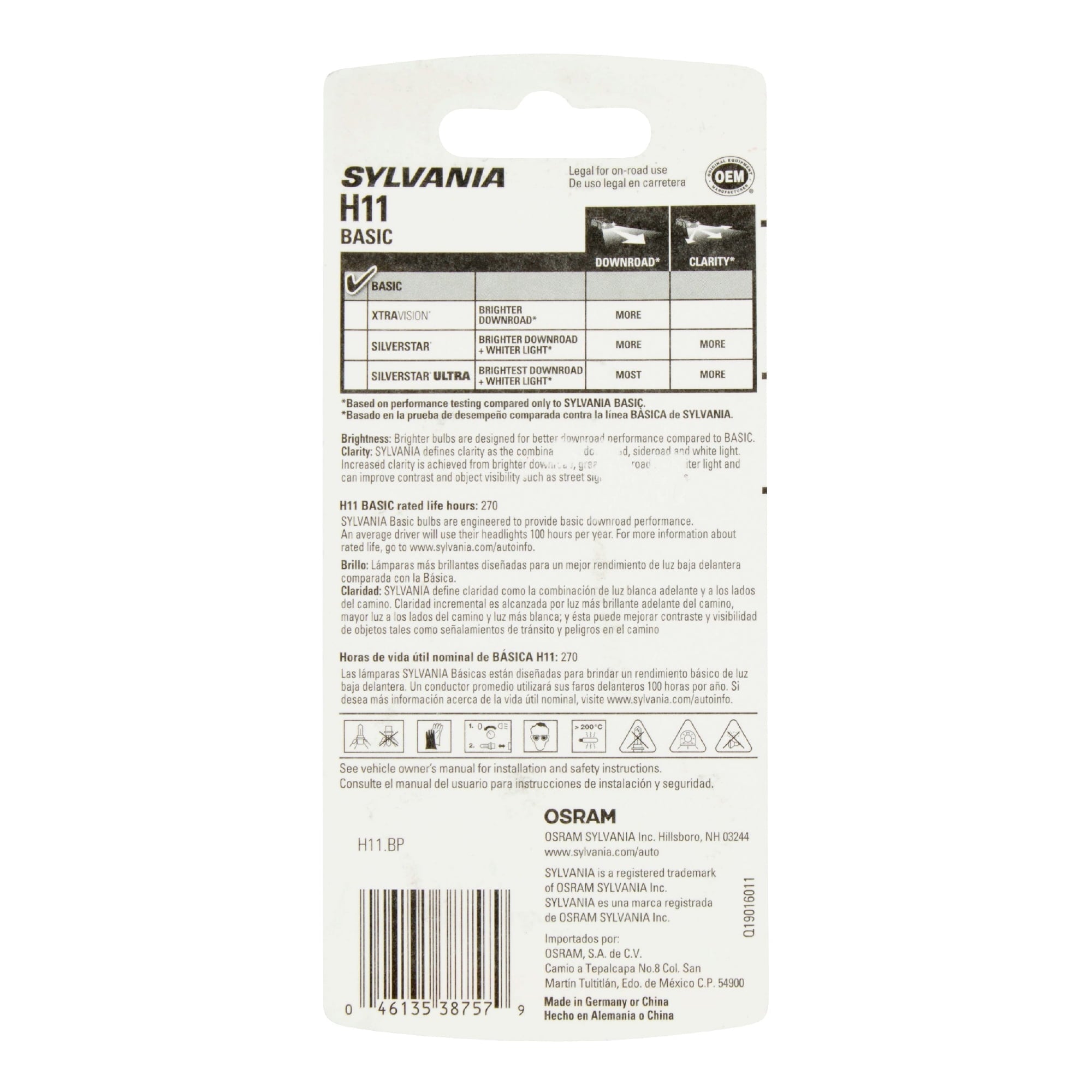 Sylvania H11 Basic Auto Halogen Headlight Bulb, Pack of 1