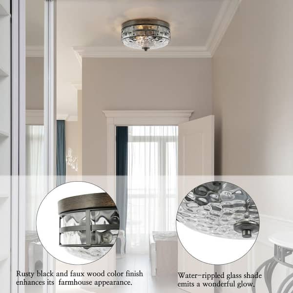 Modern Farmhouse Drum Ceiling Light 3-Light Rustic Wood Accent Flush Mount Ceiling Light with Water-Rippled Glass Shade