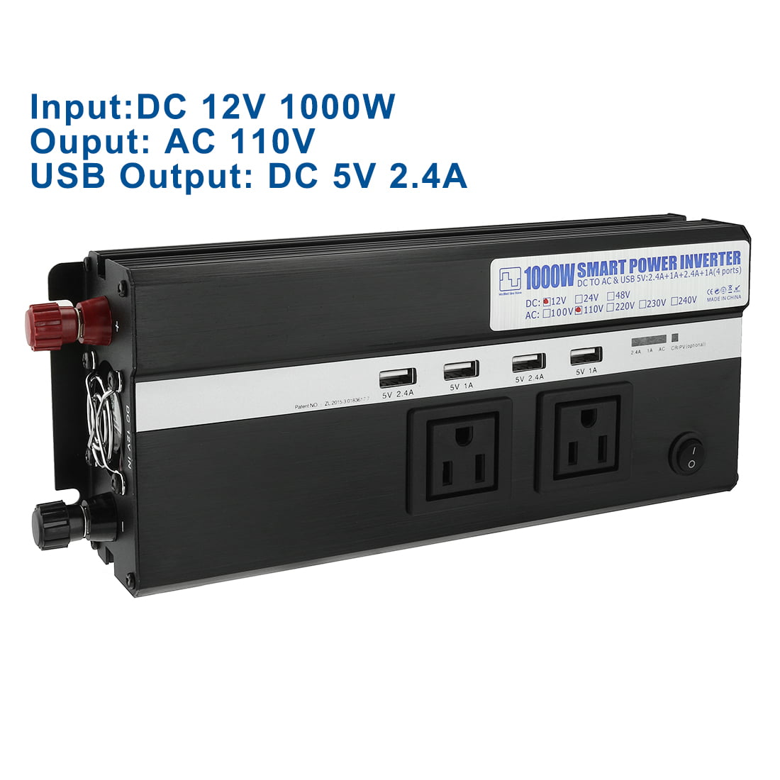 1000W Power Inverter 12V to 110VAC US Outlet 2.4A USB Port  Indicate Black