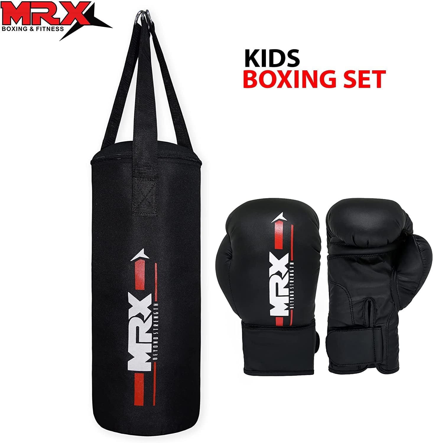 MRX Kids Boxing Set MMA Training Boxing Gloves for Kids 6 Oz Boys Girls sparring Mini Punching Bag Filled Kickboxing Muay Thai Youth Junior Set Black