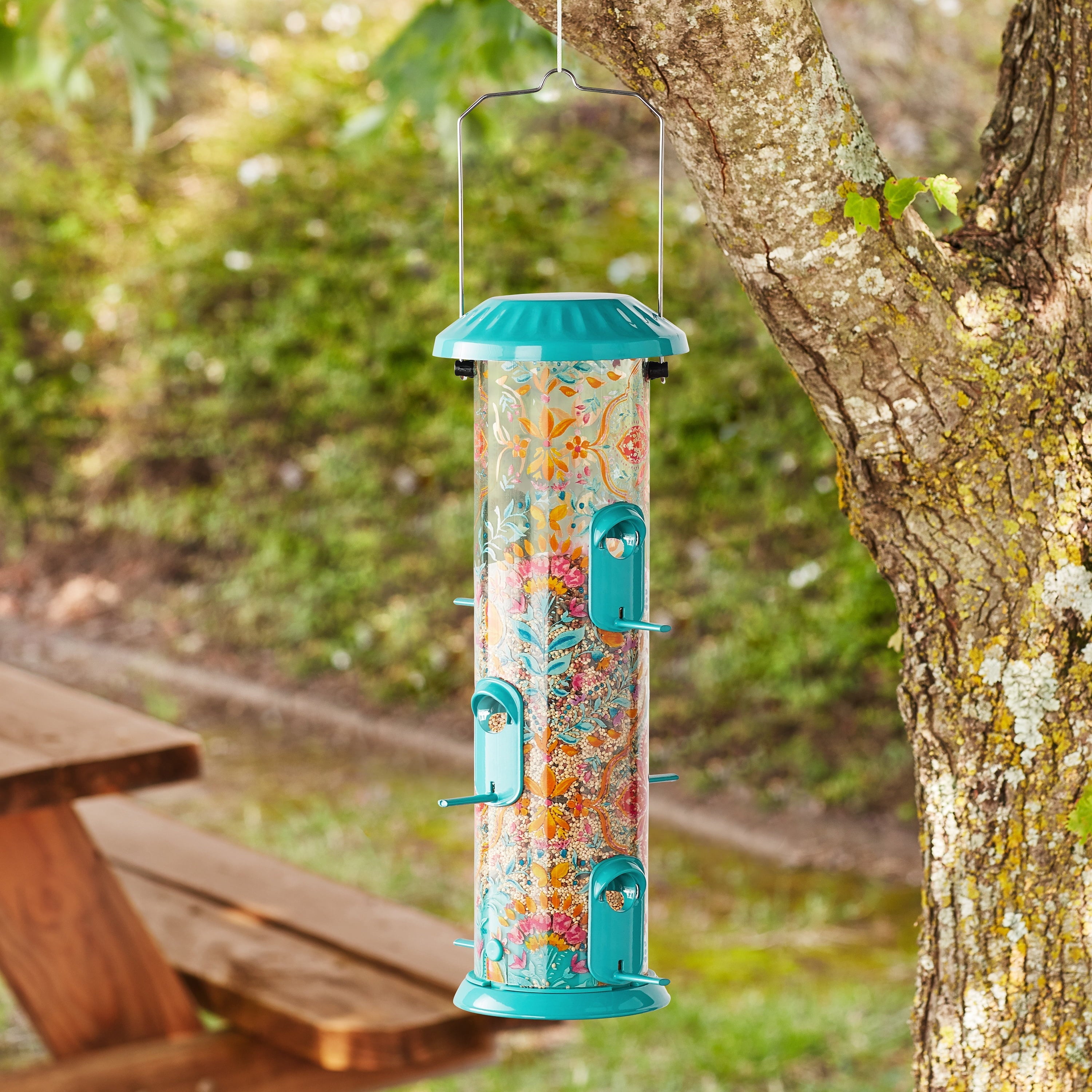 The Pioneer Woman Folk Geo Plastic Deluxe Easy Clean Tube Bird Feeder 2.8QT, Floral Teal