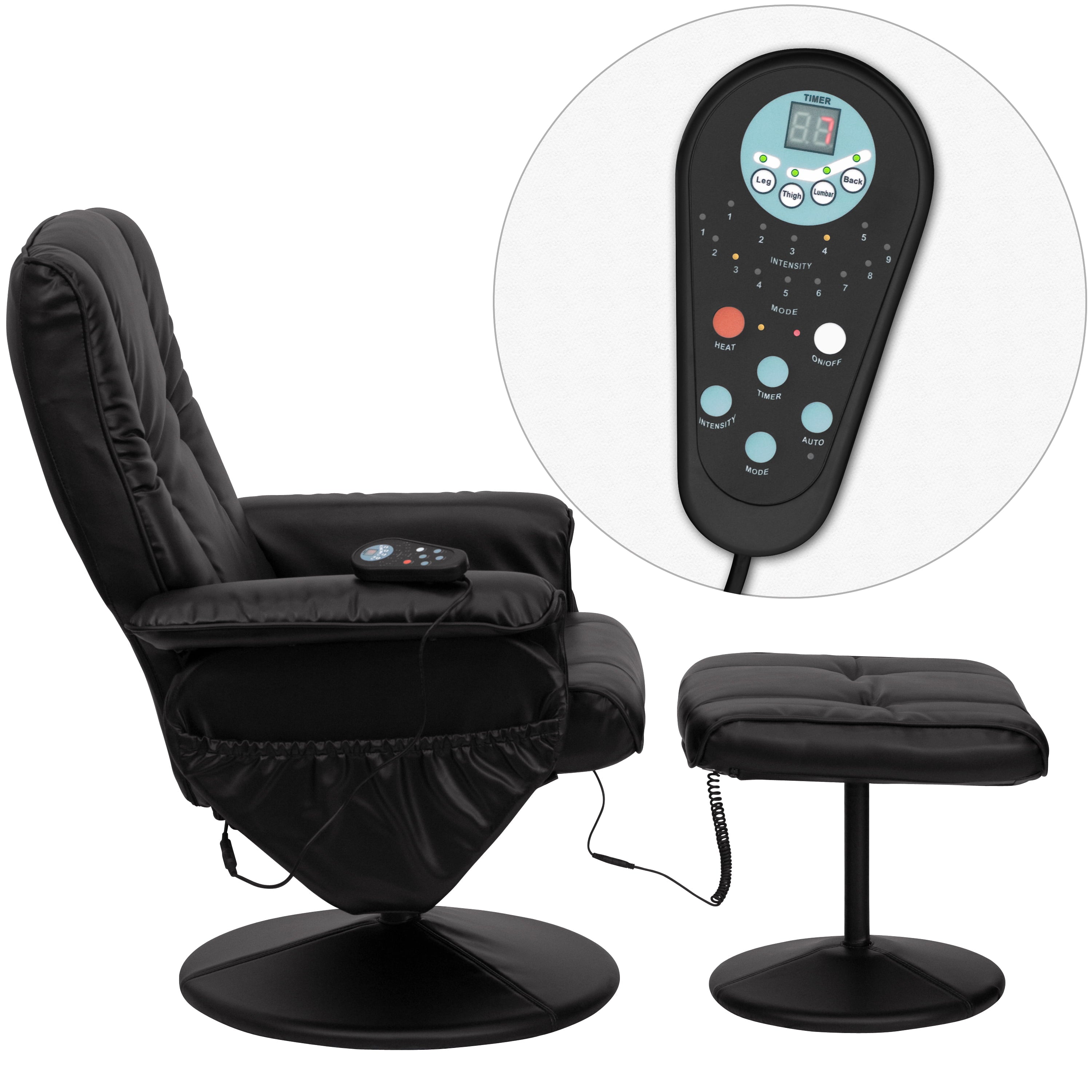 BizChair Massaging Heat Controlled Adjustable Recliner and Ottoman with Wrapped Base in Black LeatherSoft