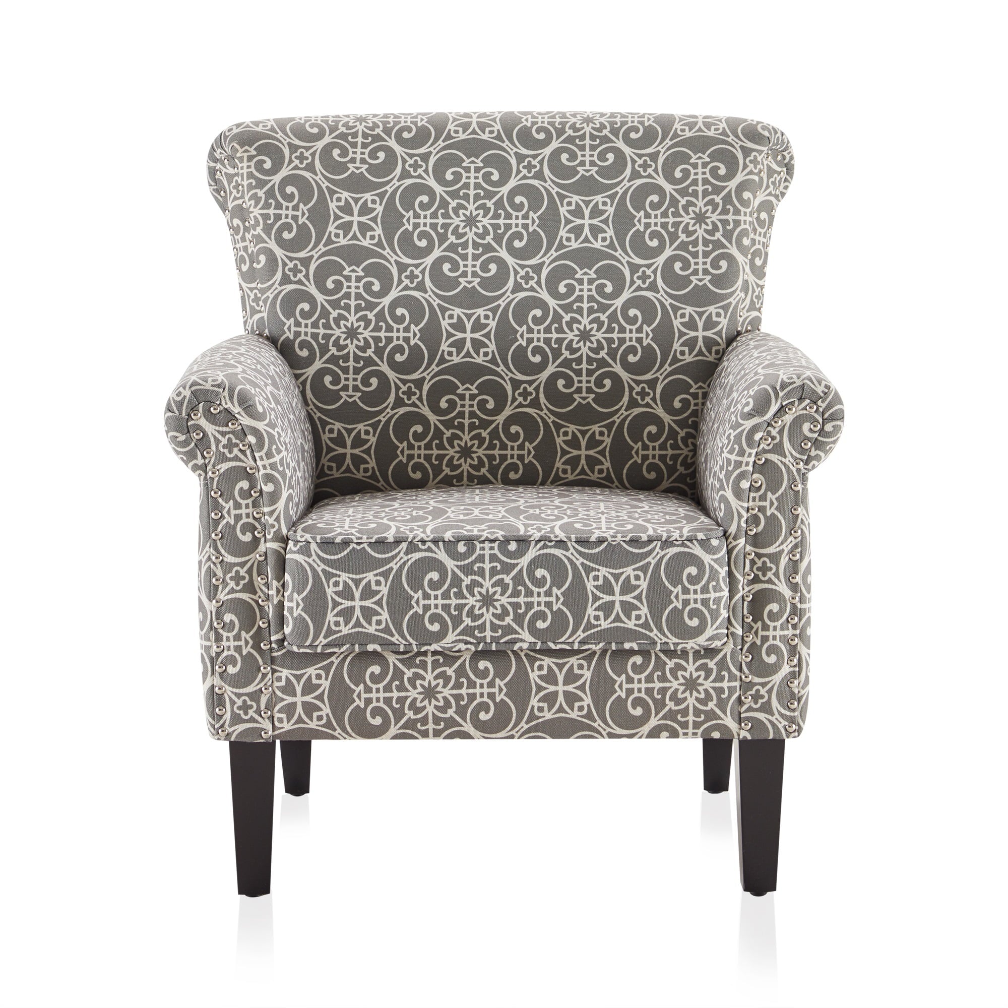 BELLEZE Rosette Scroll Arm Fabric Upholstered Club Chair Nailhead Trim Accent Chair, Gray