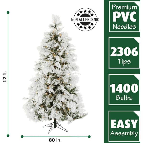 12-ft. Pre-Lit Snow Flocked Snowy Pine Artificial Christmas Tree, Smart Lights