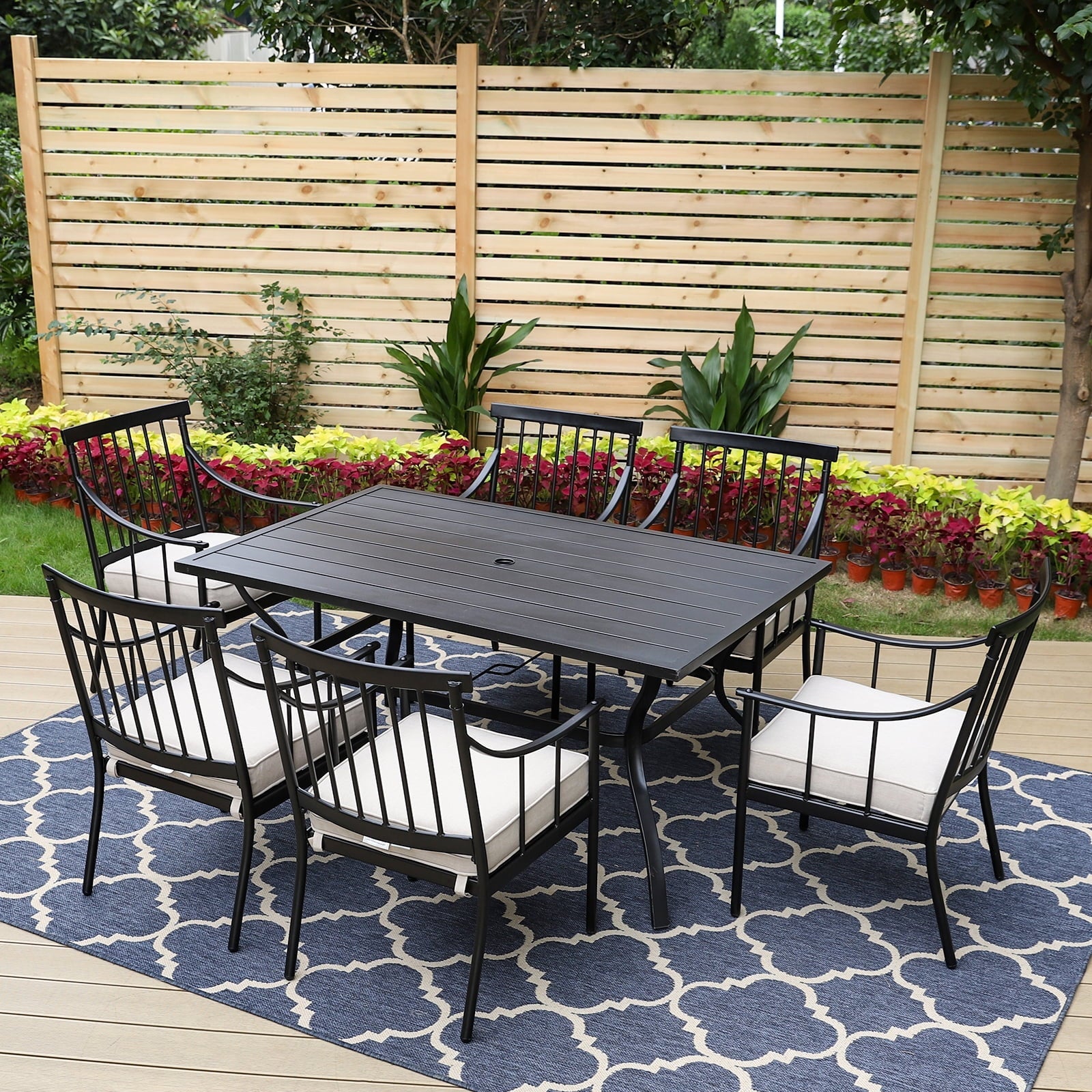 MF Studio 7-Piece Outdoor Dining Set Metal Patio Furniture with 6 PCS Cushioned Armchairs& 1 PC Rectangle Table, Black