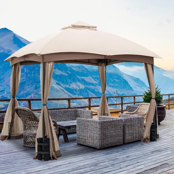 10 ft. x 10 ft. 2-Tier Khaki Patio Gazebo Canopy Netting Heavy-Duty Metal Easy-Setup Outdoor