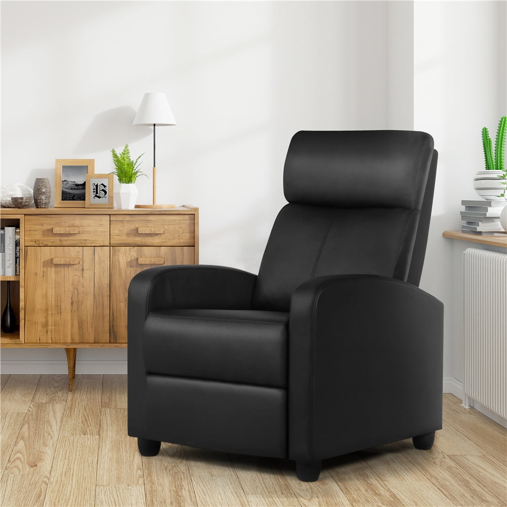 Easyfashion Faux Leather Push Back Theater Recliner, Black
