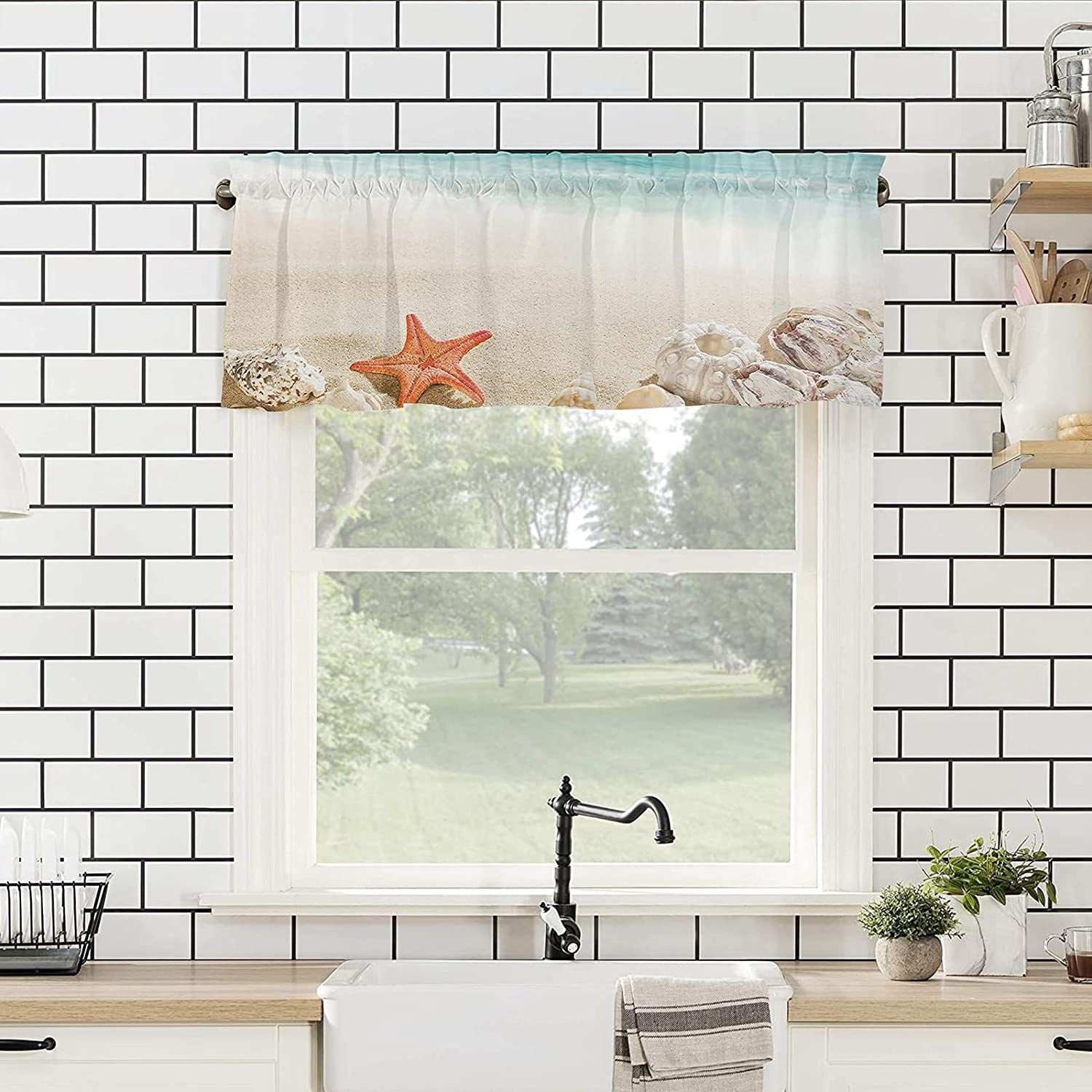 PKQWTM Starfishes Seashells Sandy Beach Window Curtain Valance Rod Pocket 54x18 inch