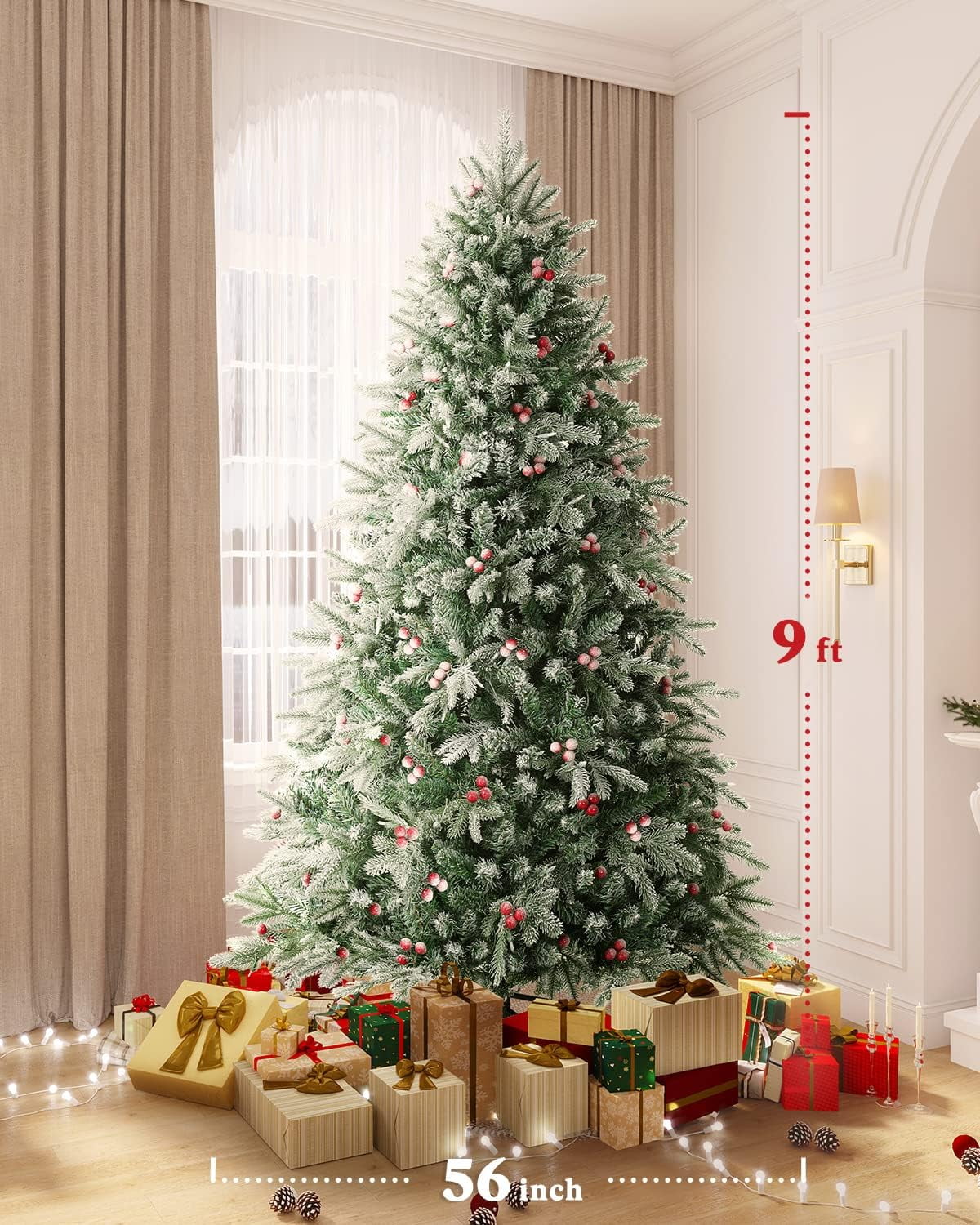 OASISCRAFT 9ft Pre-Lit Snow Flocked Christmas Tree, Realistic Feel, 1000 Clear Lights, Red Berries, Ideal for Home Party Decor